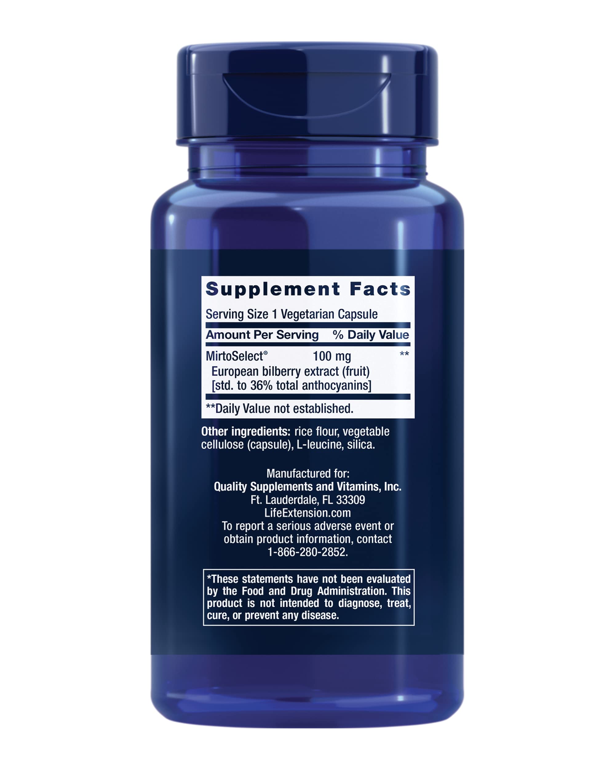 Life Extension Bilberry Extract 100mg 90 Capsules back view