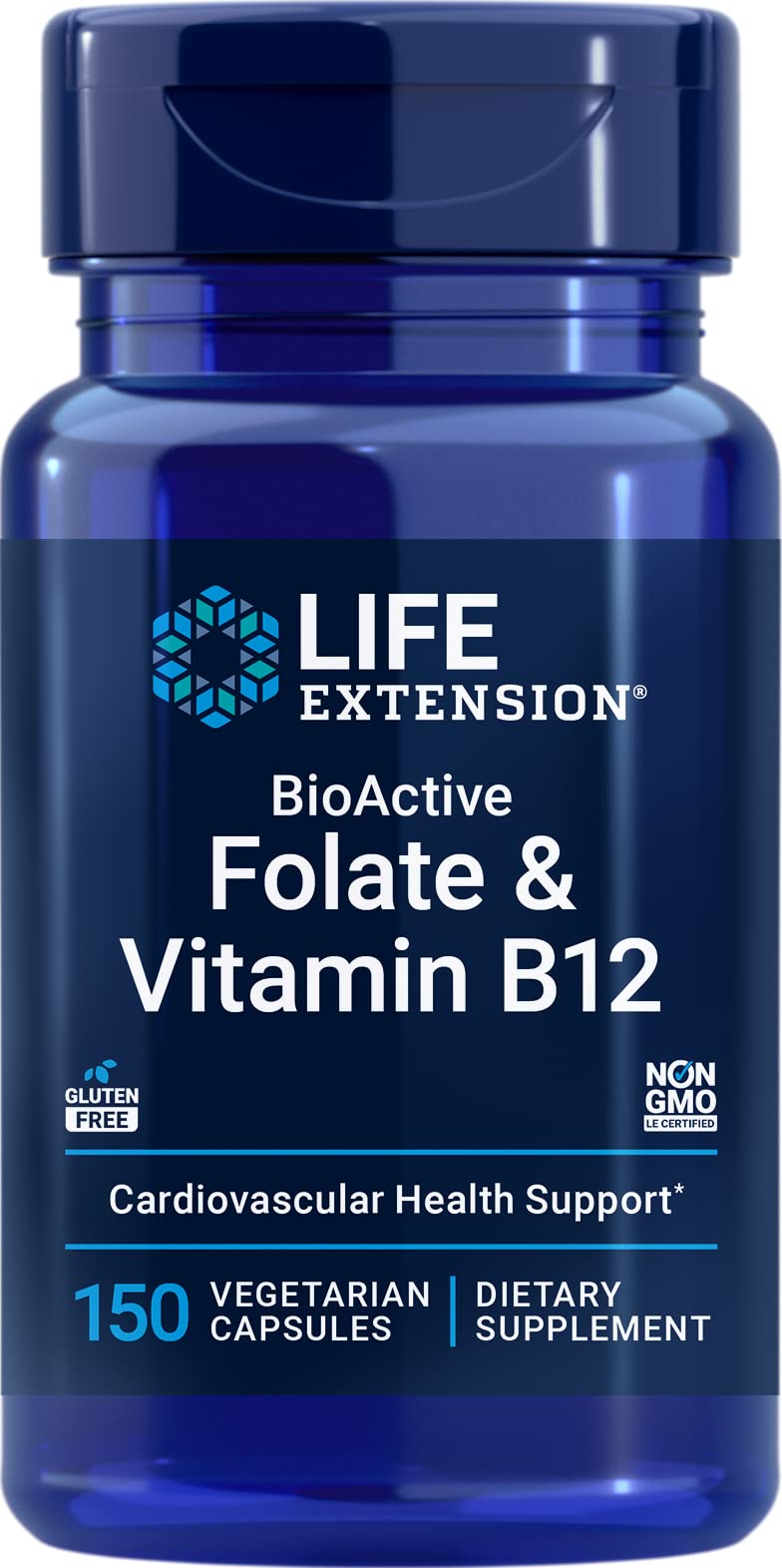 Life Extension BioActive Folate & Vitamin B12 150 vegetarian capsules front view