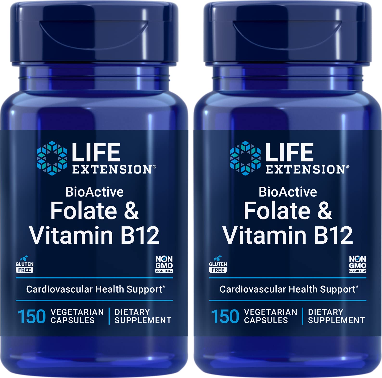 Life Extension BioActive Folate & Vitamin B12 Capsules 150 count front view