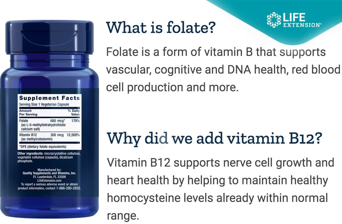 Life Extension BioActive Folate & Vitamin B12 Capsules bottle top view