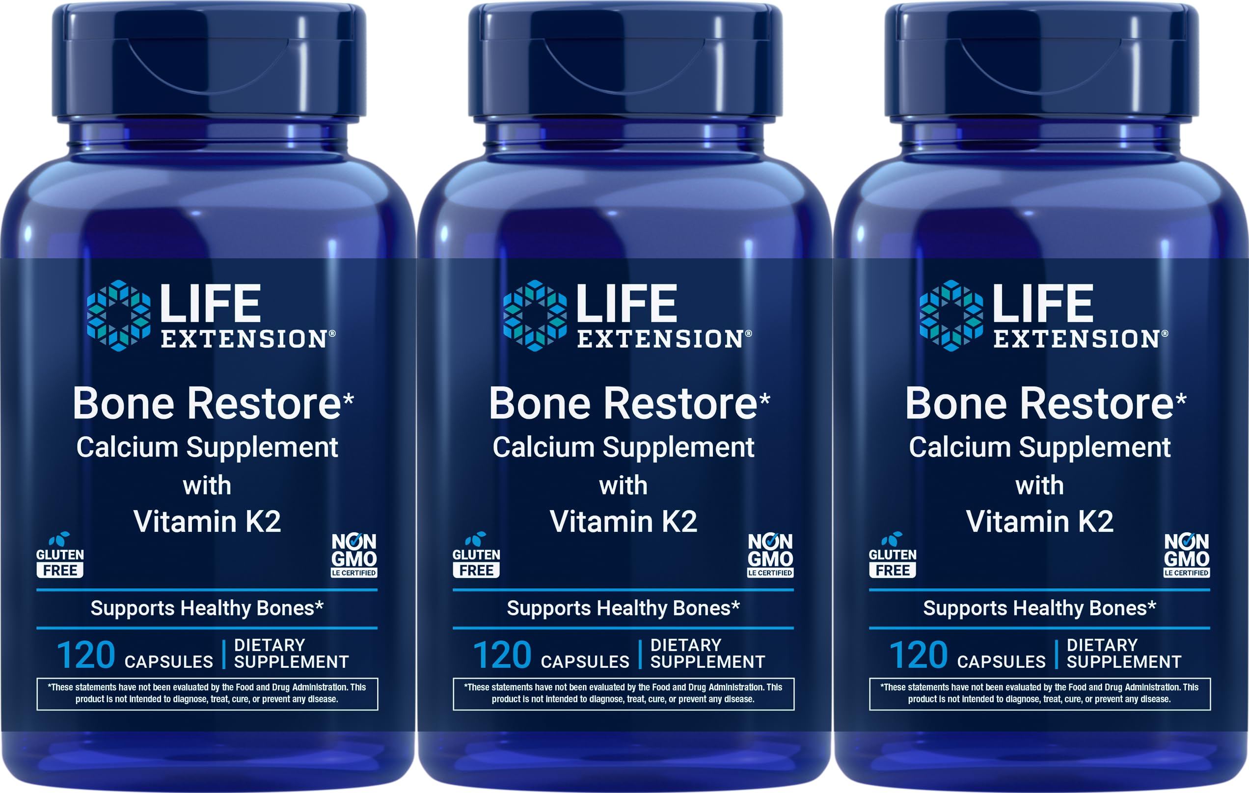 Life Extension Bone Restore Calcium Supplement with Vitamin K2, 120 capsules front view
