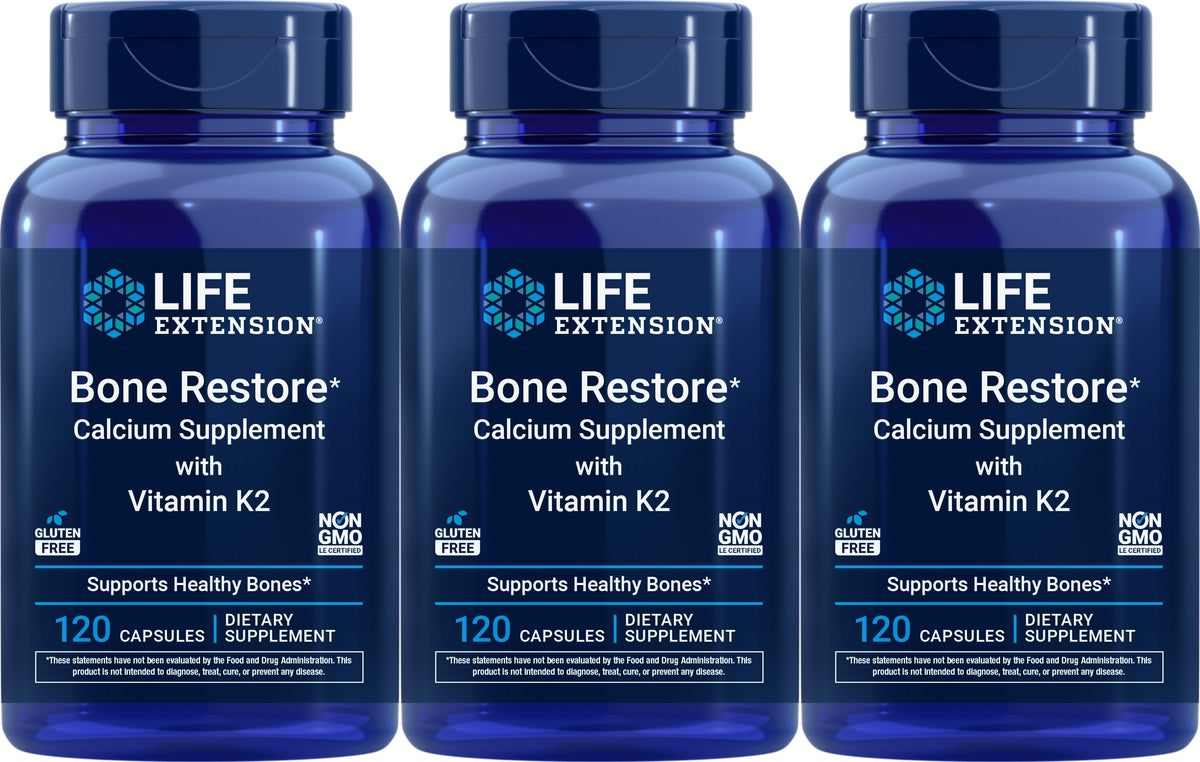 Life Extension Bone Restore Calcium Supplement with Vitamin K2, 120 capsules front view