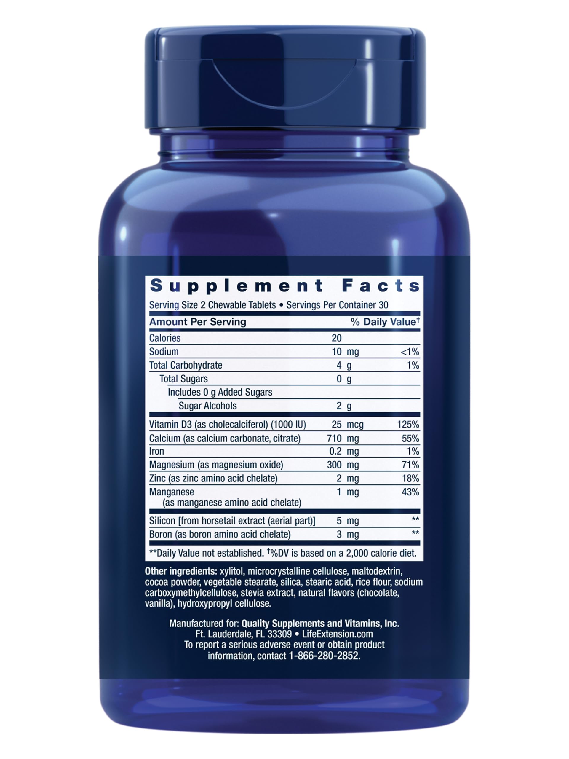 Life Extension Bone Restore Chocolate Chewables side view with nutritional information