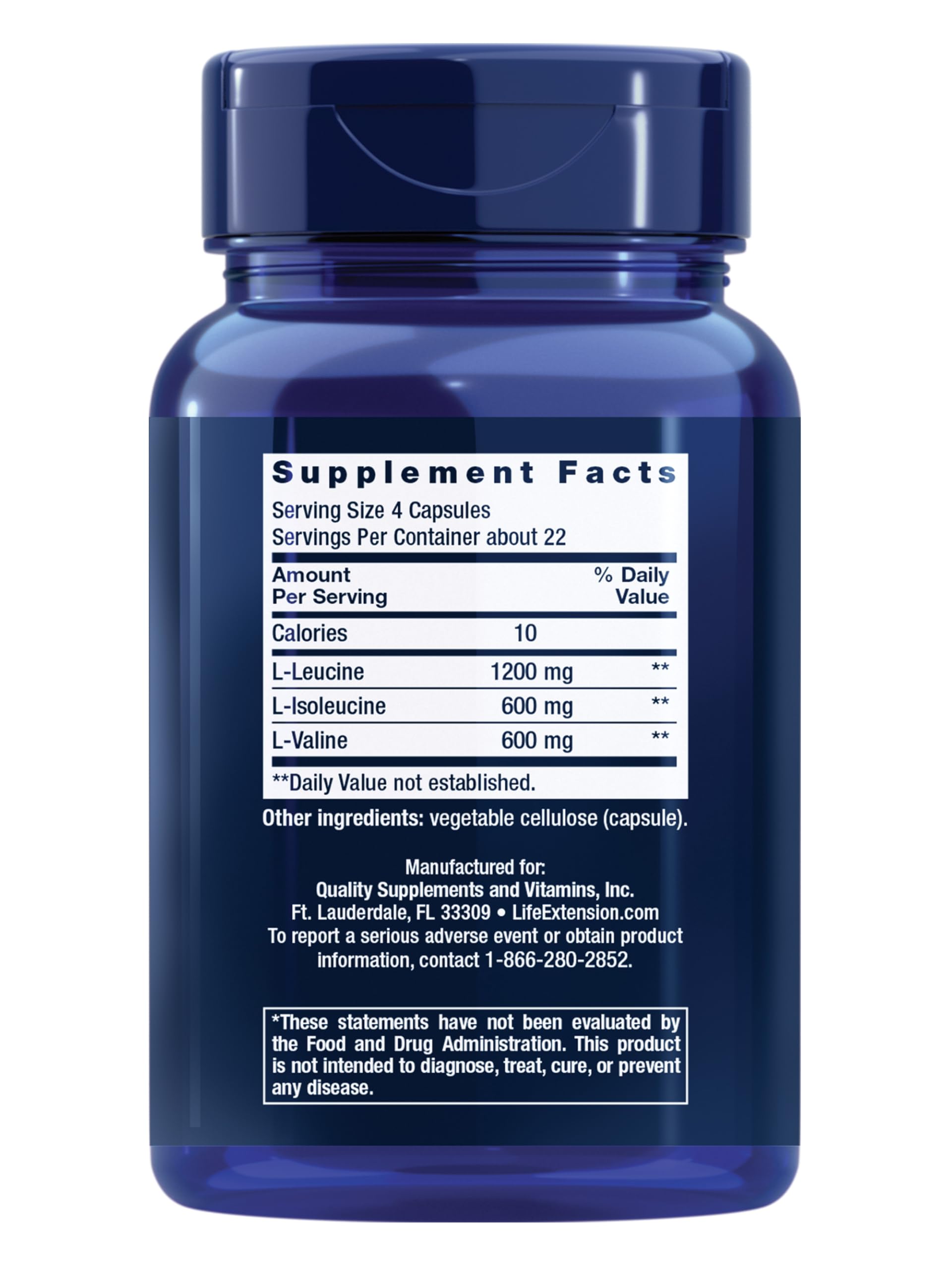 Life Extension Branched Chain Amino Acids 90 Capsules side view