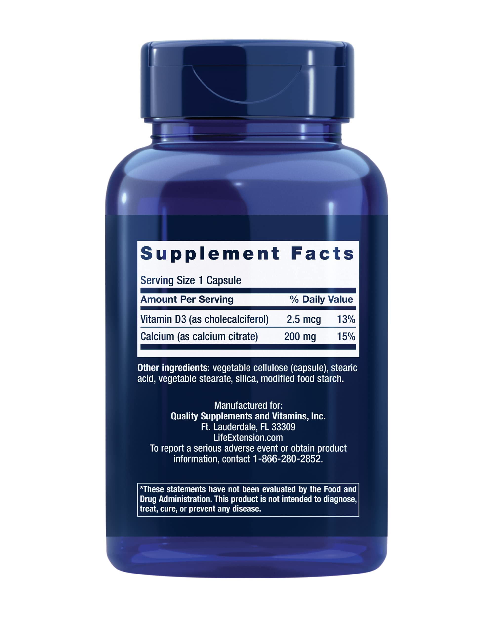Life Extension Calcium Citrate with Vitamin D3 200mg side view