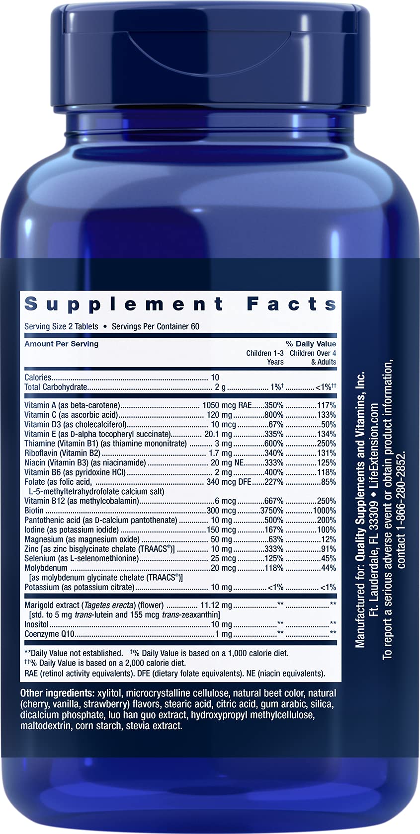 Life Extension Children's Chewable Multivitamins side view showing tablet details
