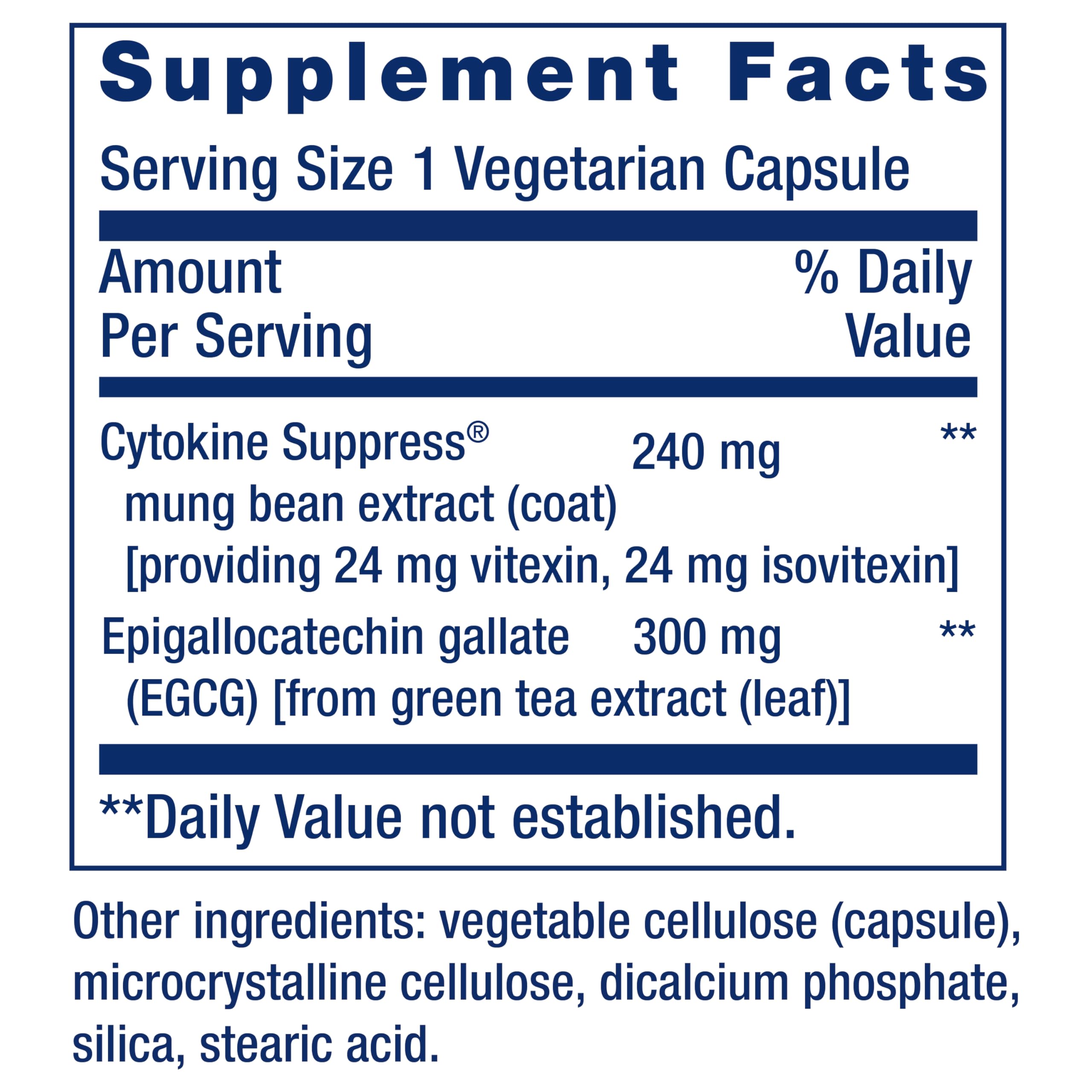 Life Extension Cytokine Suppress® with EGCG side view showing capsule details