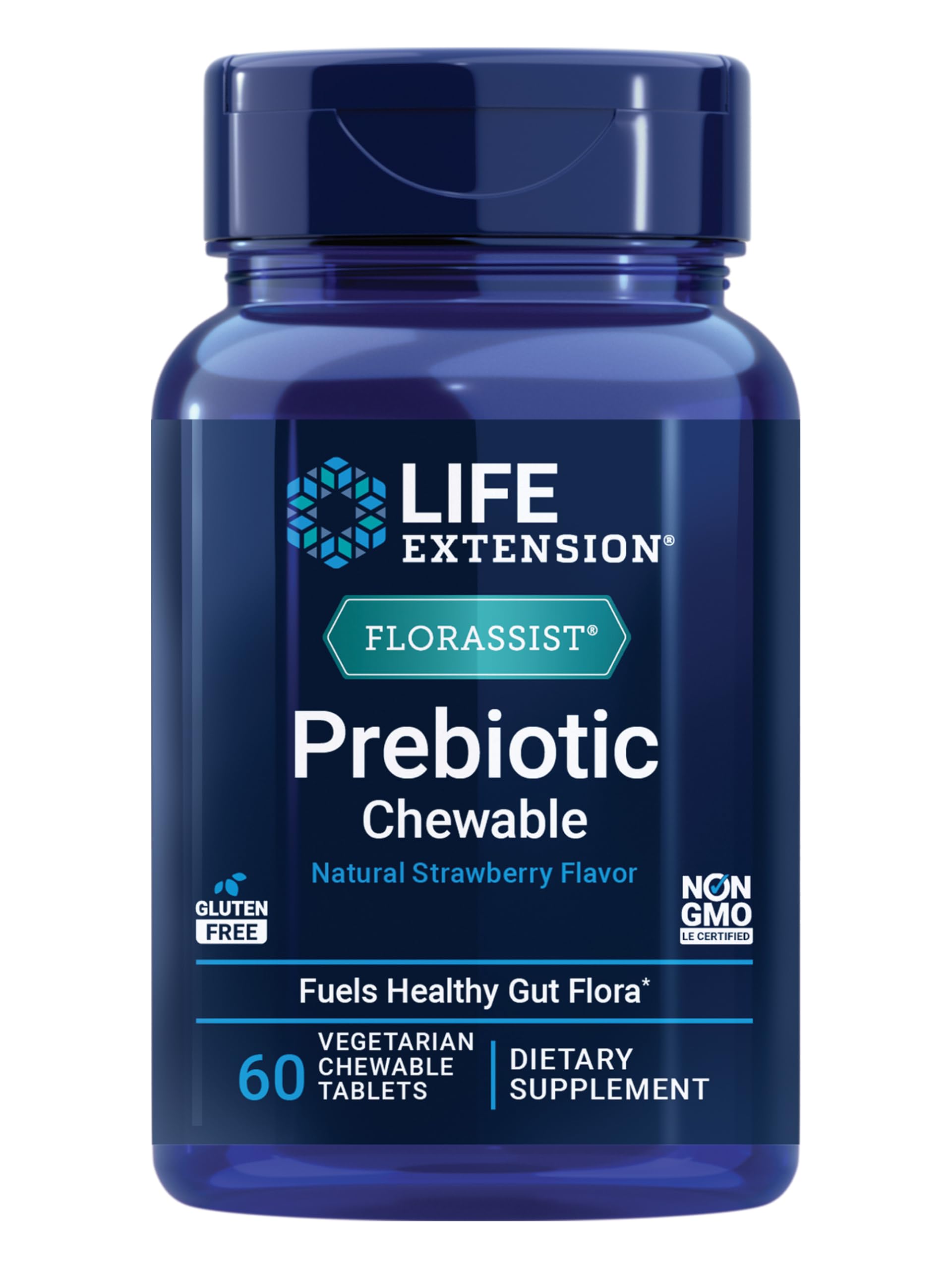 Life Extension FLORASSIST Prebiotic Chewable Strawberry tablet front view
