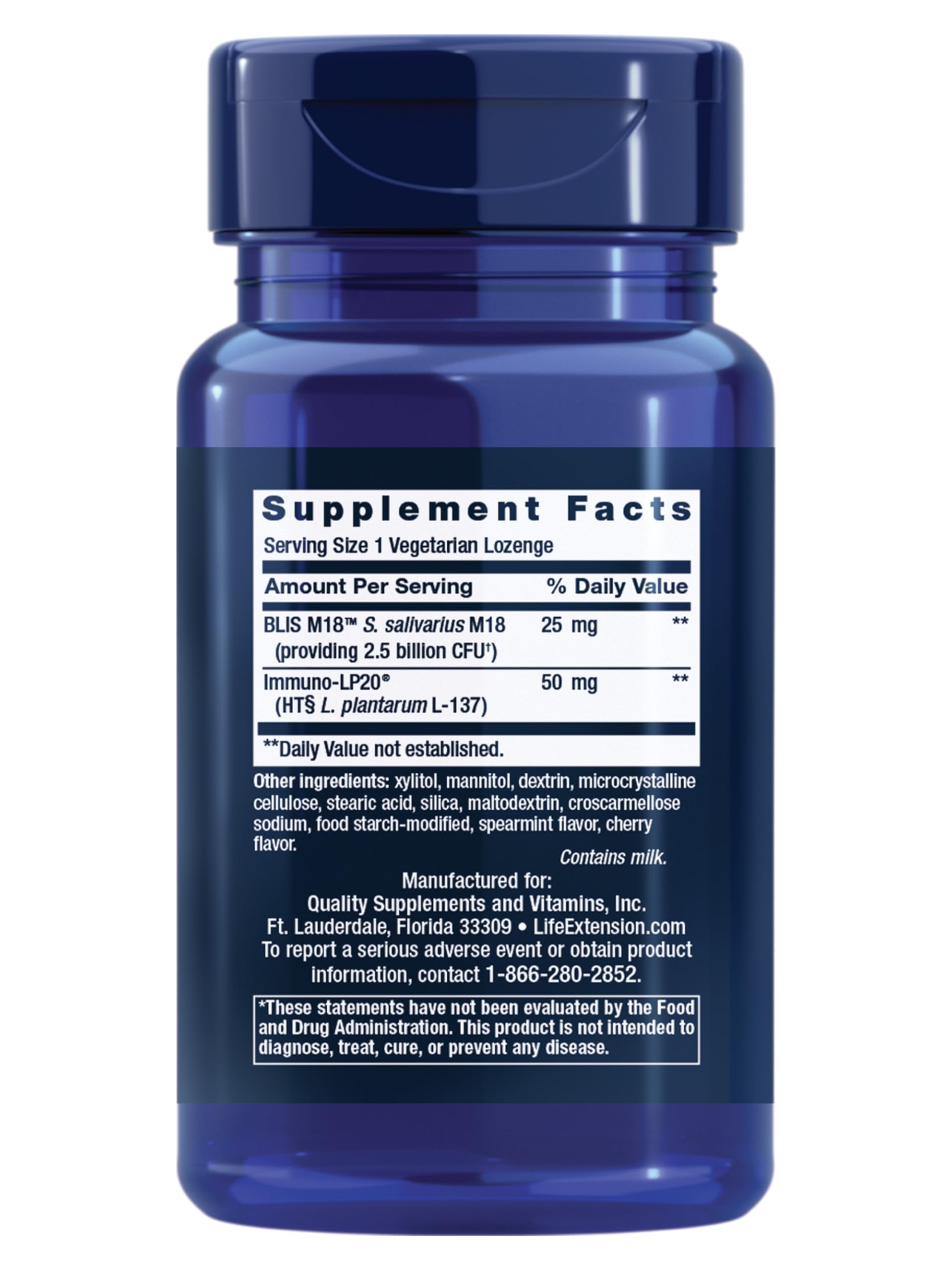 Life Extension FLORASSIST Probiotic Oral Hygiene Lozenges side view with ingredients
