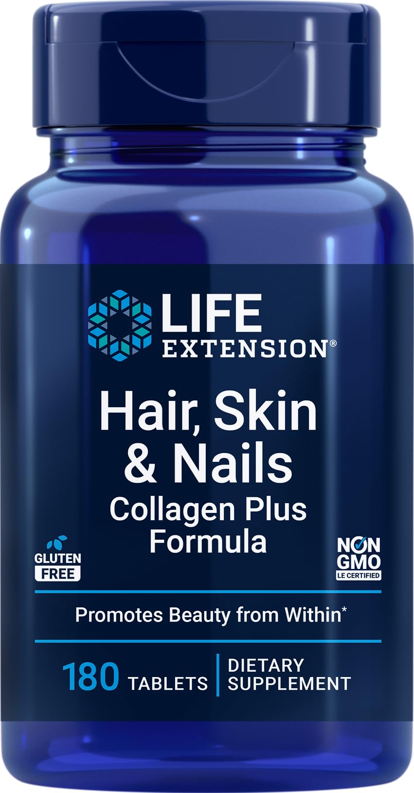 Life Extension Hair, Skin & Nails Collagen Plus Formula 180 Tablets front view