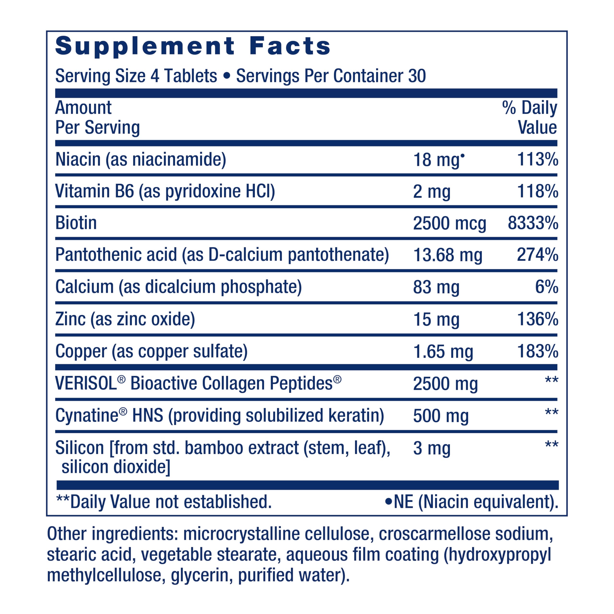 Life Extension Hair, Skin & Nails Collagen Plus Formula side view showing ingredients