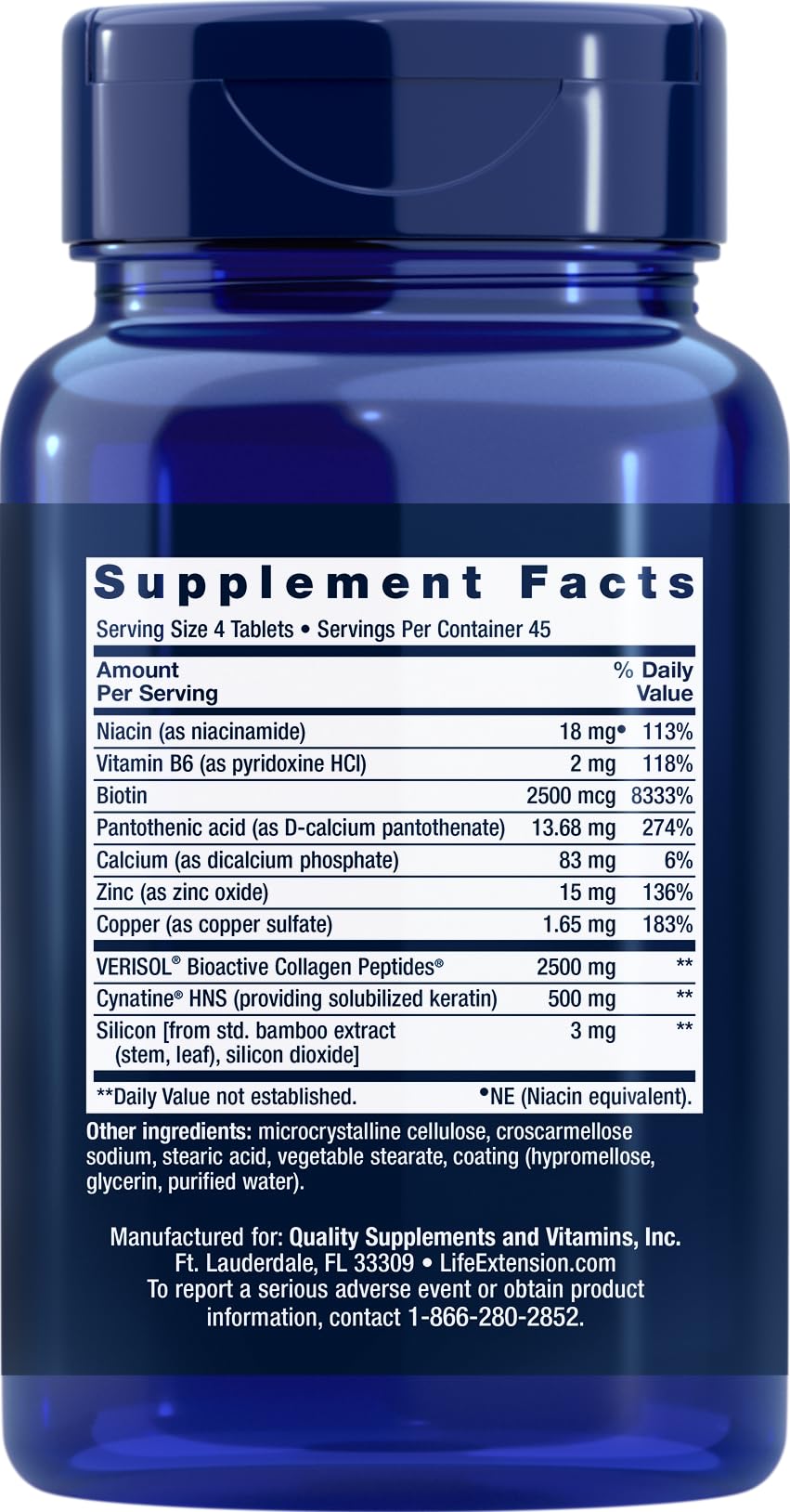 Life Extension Hair, Skin & Nails Collagen Plus Formula side view showing tablet details