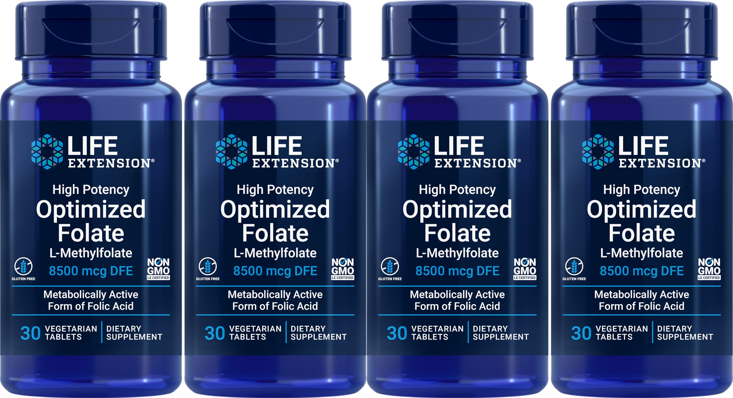 Life Extension High Potency Optimized Folate 8500 mcg DFE 30 Vegetarian Tablets front view