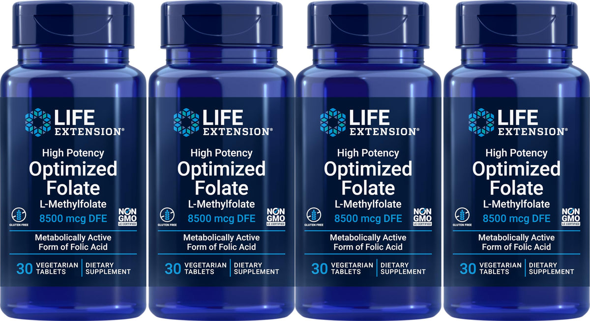 Life Extension High Potency Optimized Folate 8500 mcg DFE 30 Vegetarian Tablets front view