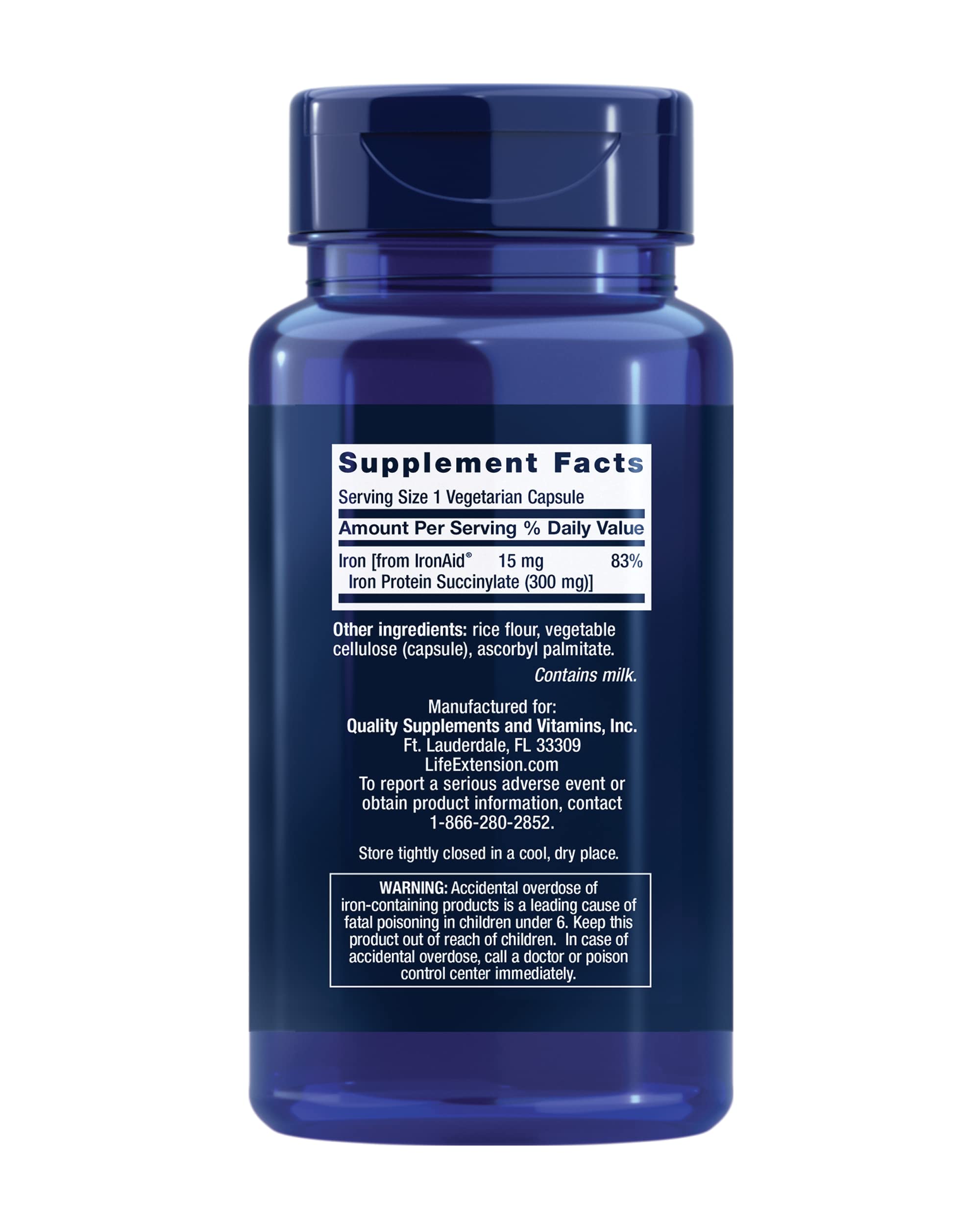 Life Extension Iron Protein Succinylate 15mg capsules back view