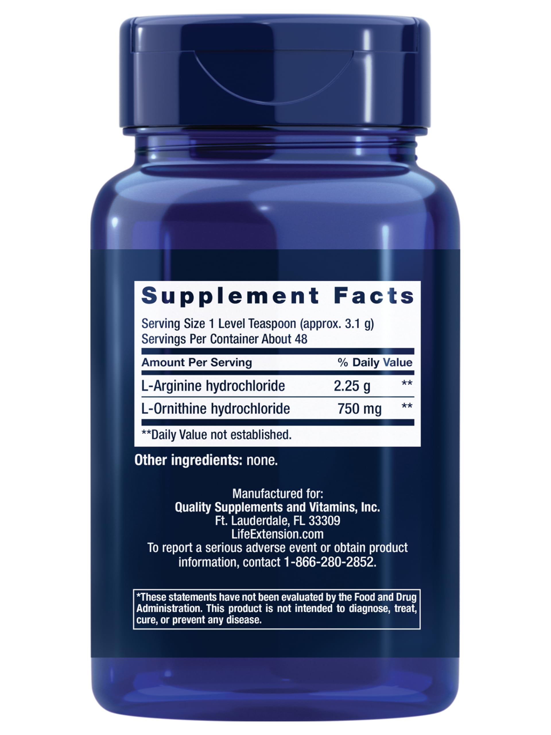 Life Extension L-Arginine Ornithine Powder 150g packaging side view