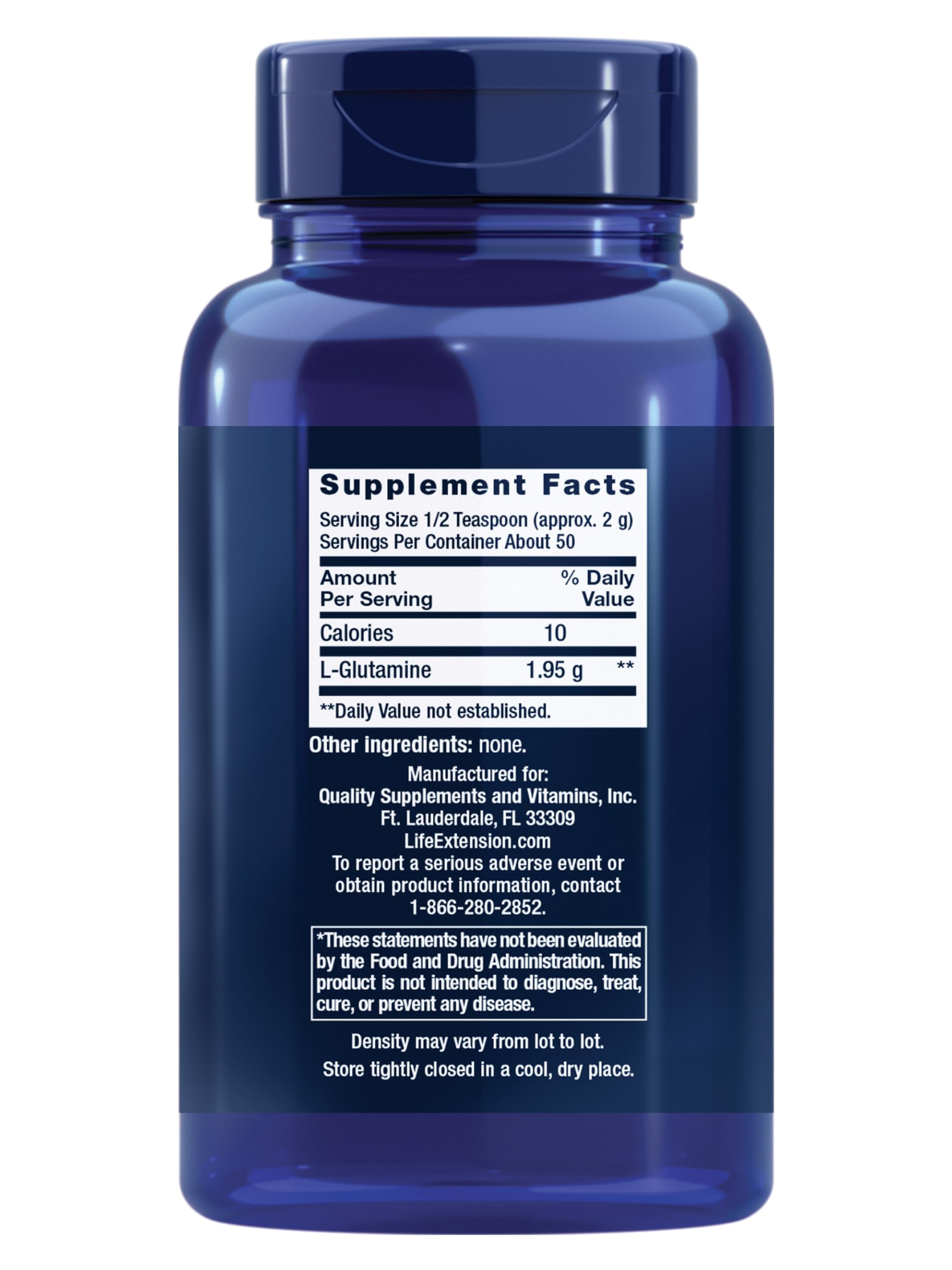 Life Extension L-Glutamine Powder 100g back view with nutritional information