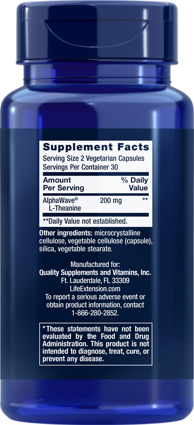 Life Extension L-Theanine 60 Vegetarian Capsules back view
