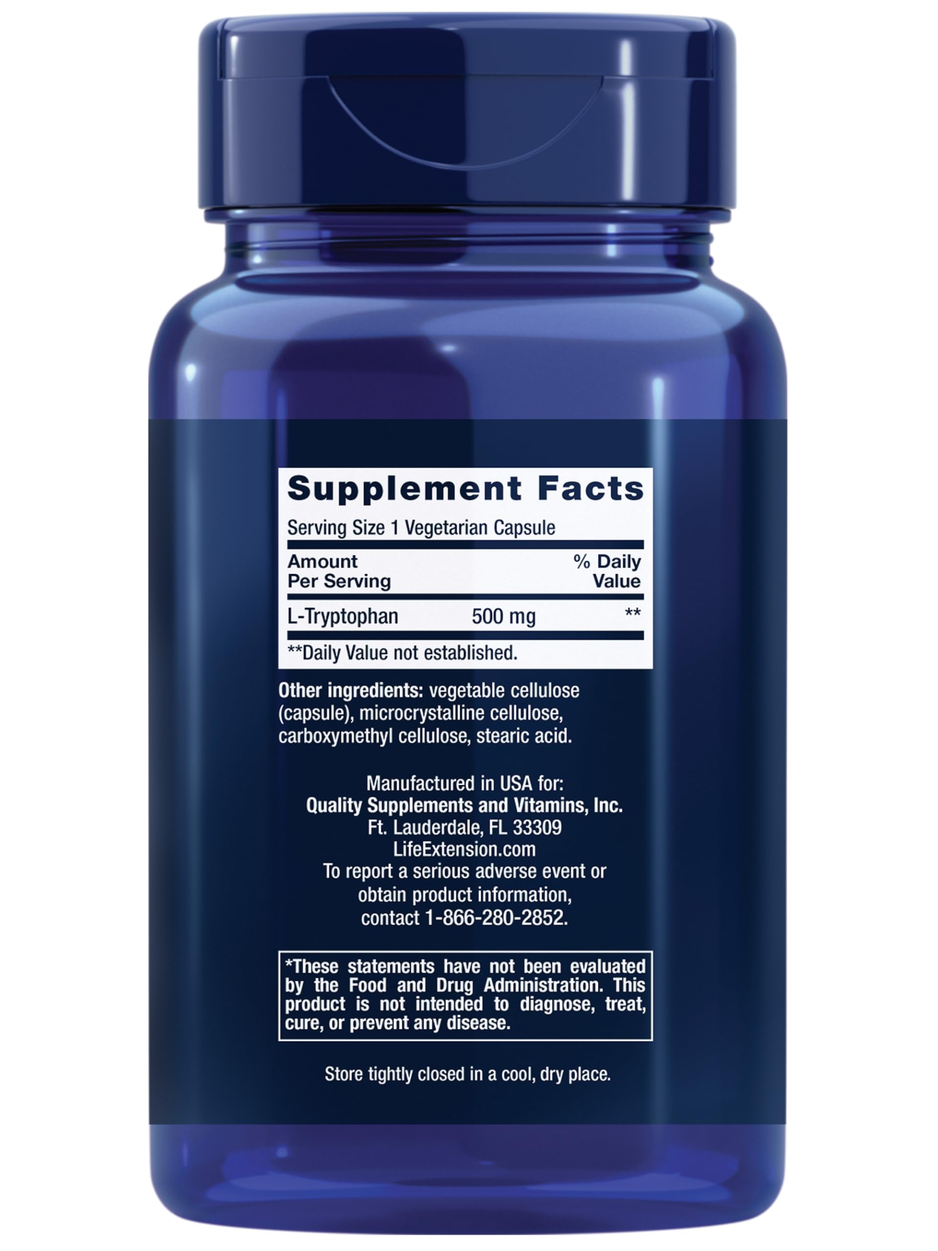 Life Extension L-Tryptophan 500mg side view of bottle