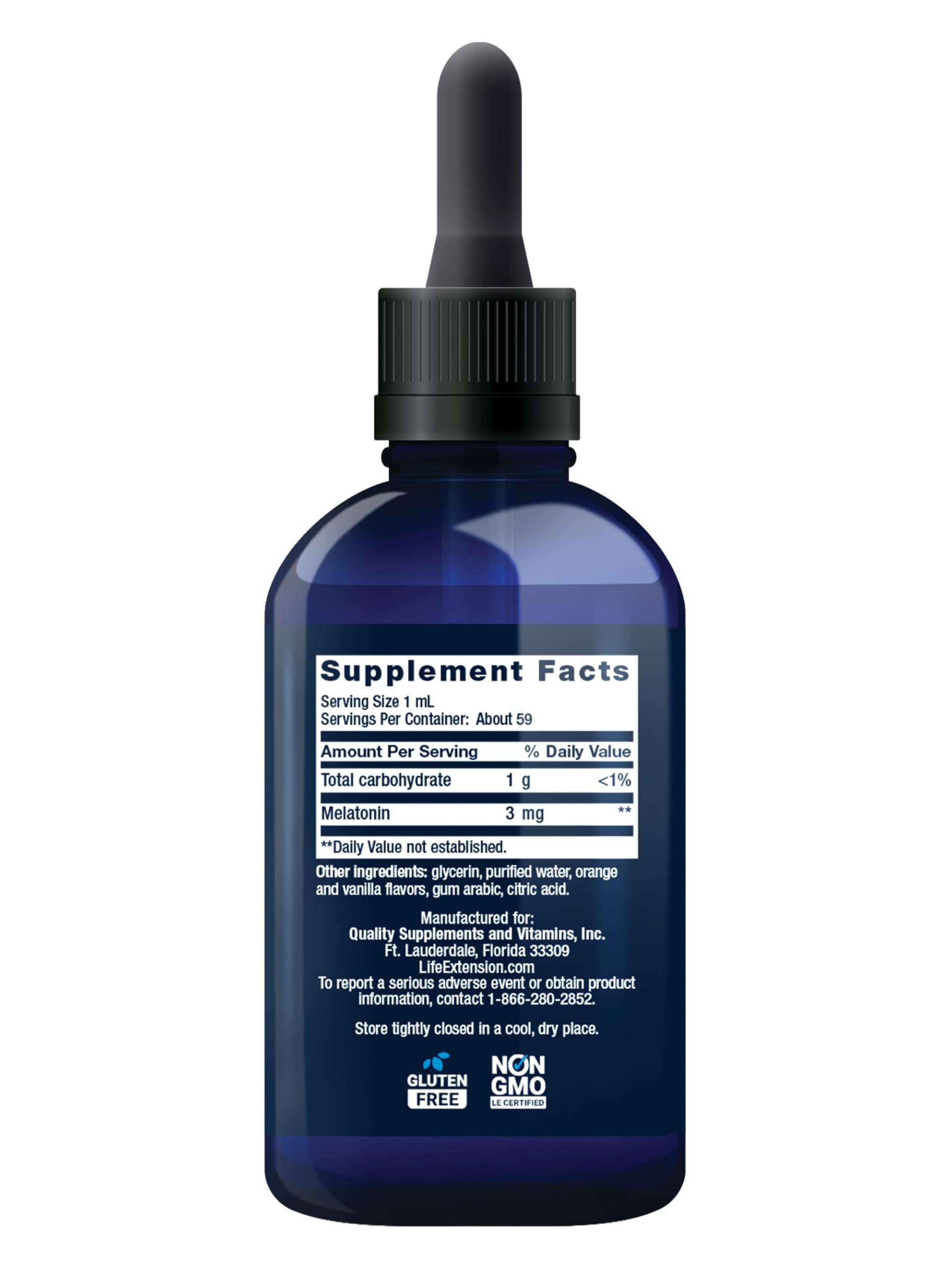 Life Extension Liquid Melatonin 3 mg Citrus-Vanilla bottle side view