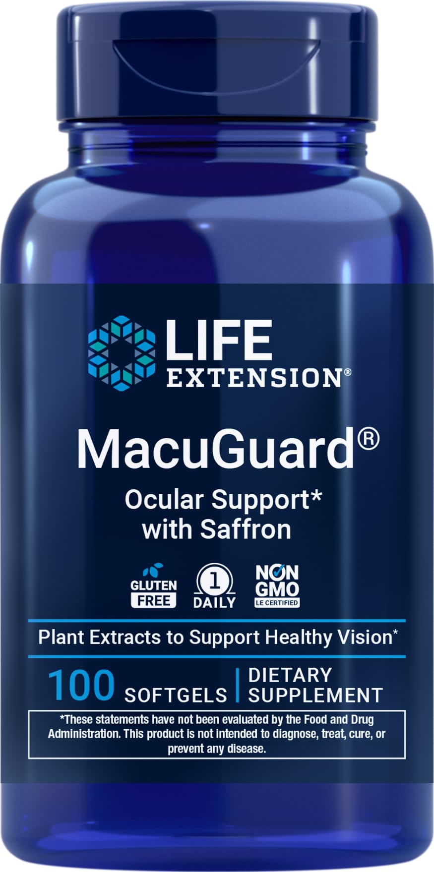 Life Extension MacuGuard Ocular Support with Saffron 100 softgels front view