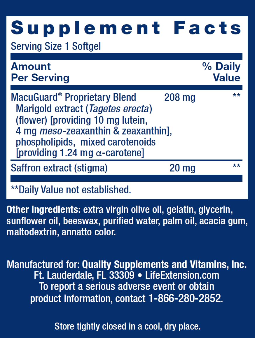 Life Extension MacuGuard Ocular Support with Saffron bottle side view