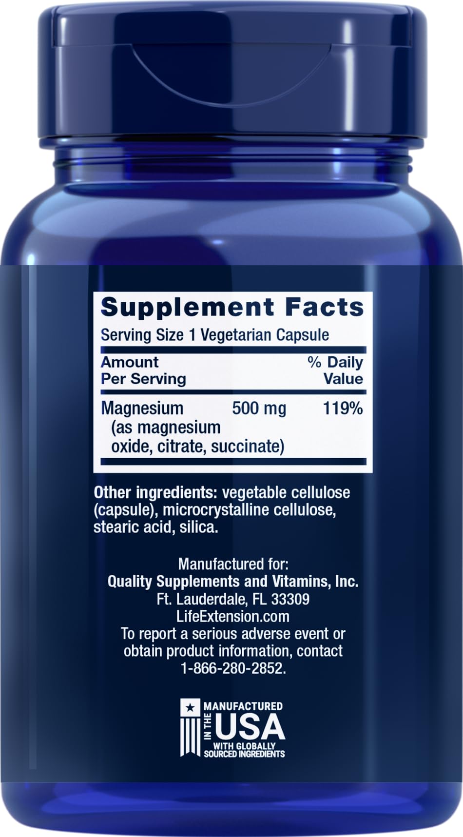 Life Extension Magnesium 500 mg Vegetarian Capsules side view with packaging