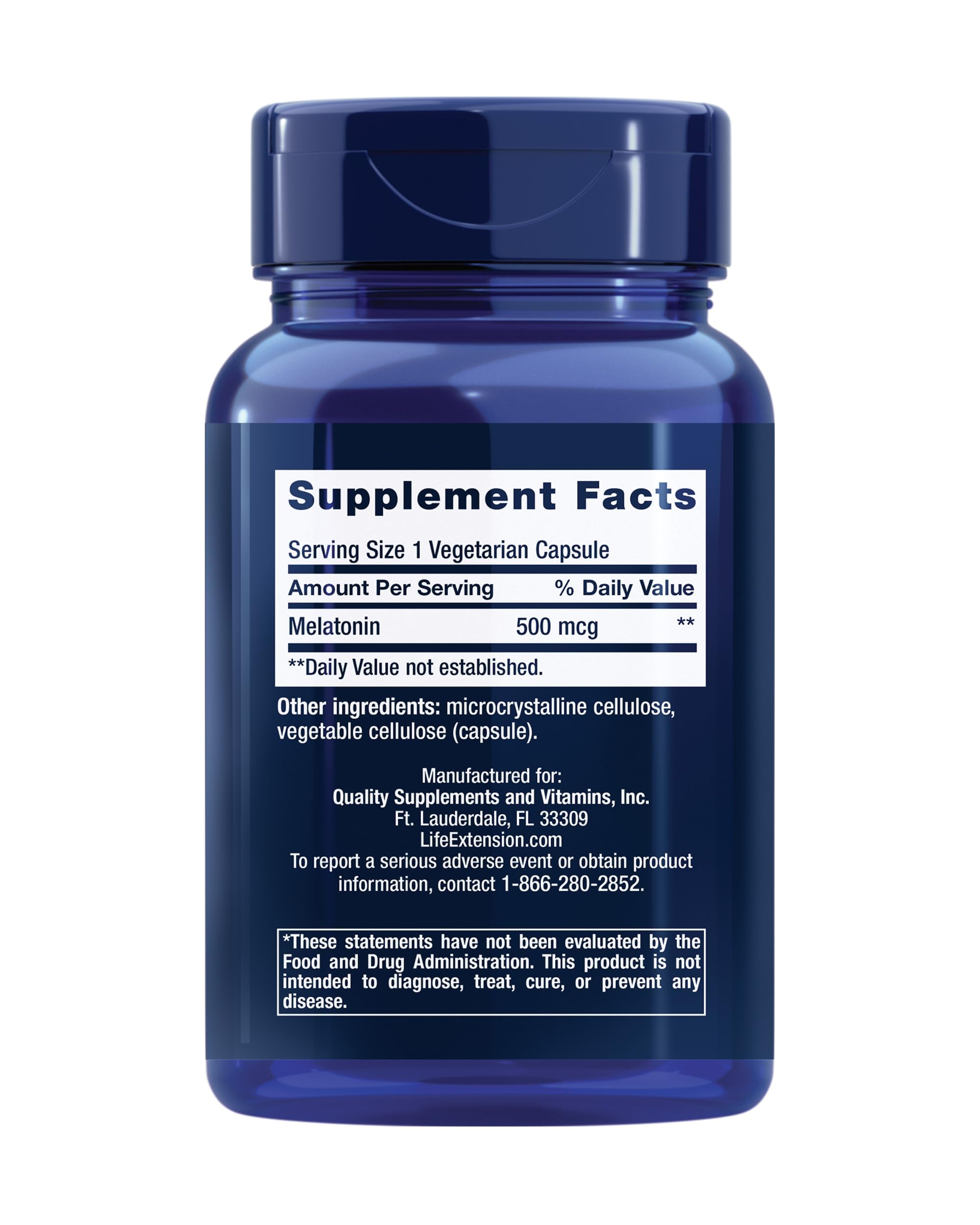 Life Extension Melatonin 500 mcg bottle side view