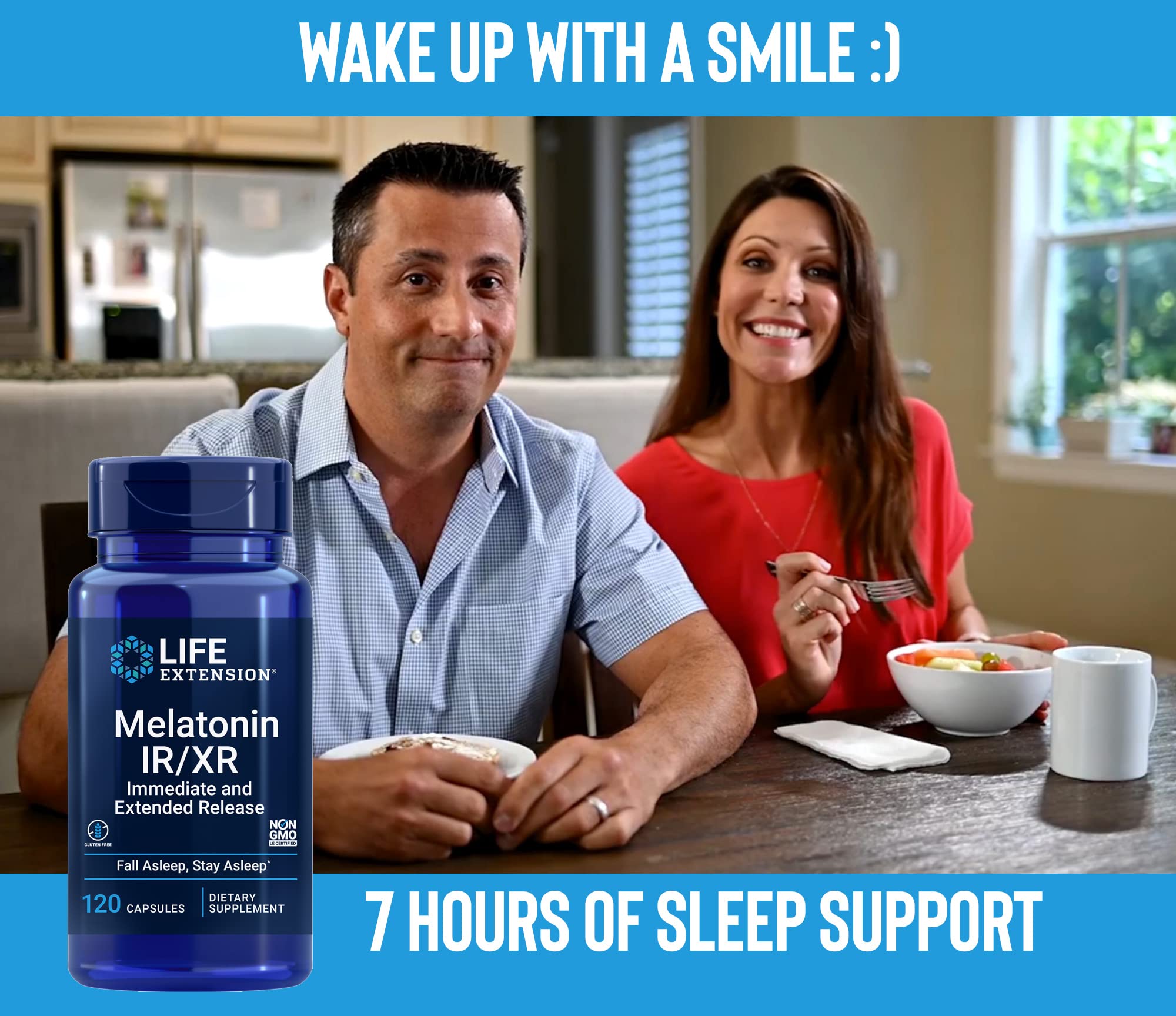 Life Extension Melatonin IR/XR 120 Capsules back view with ingredients