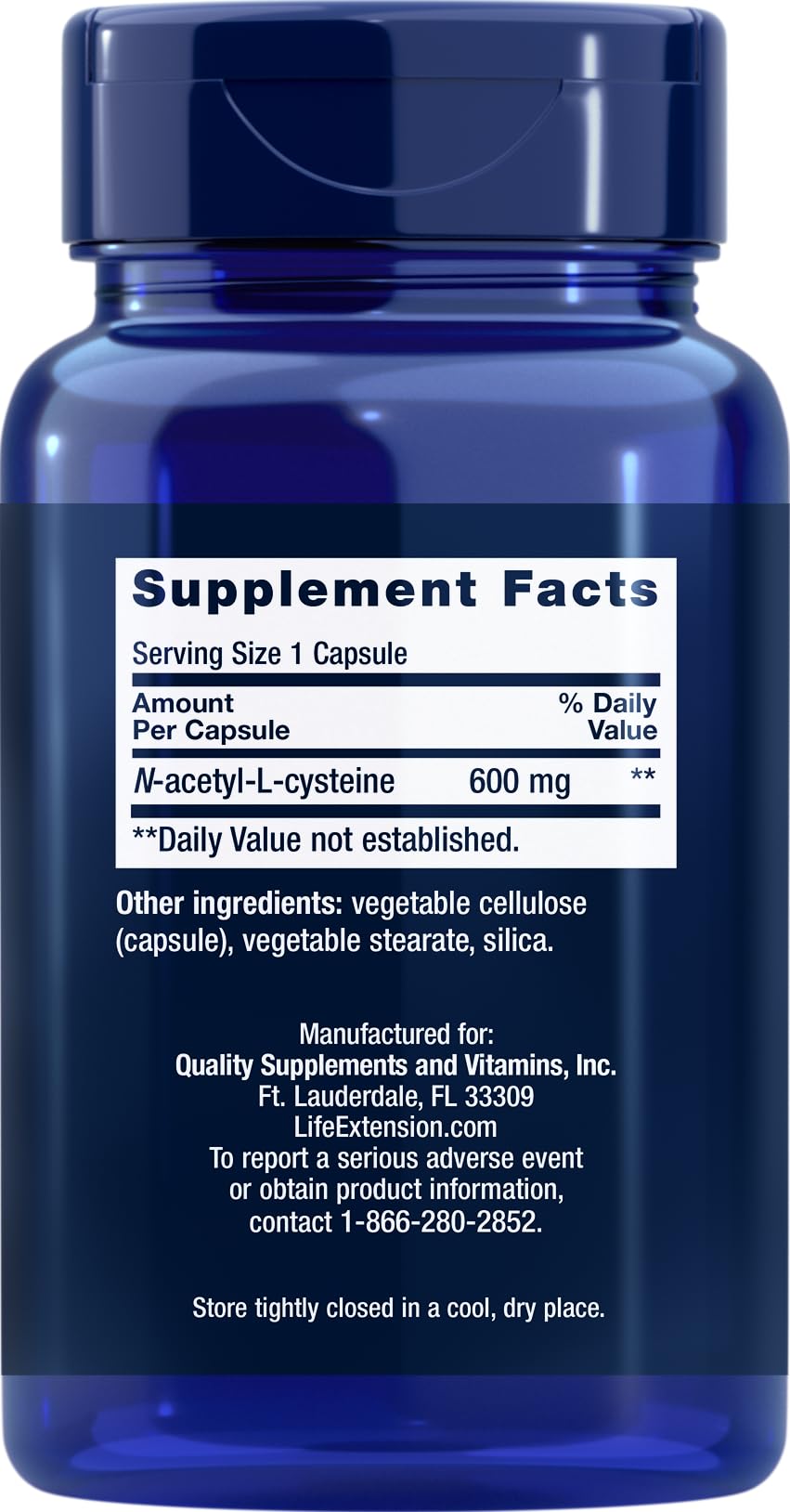 Life Extension N-Acetyl-L-Cysteine 600mg 150 Capsules side view