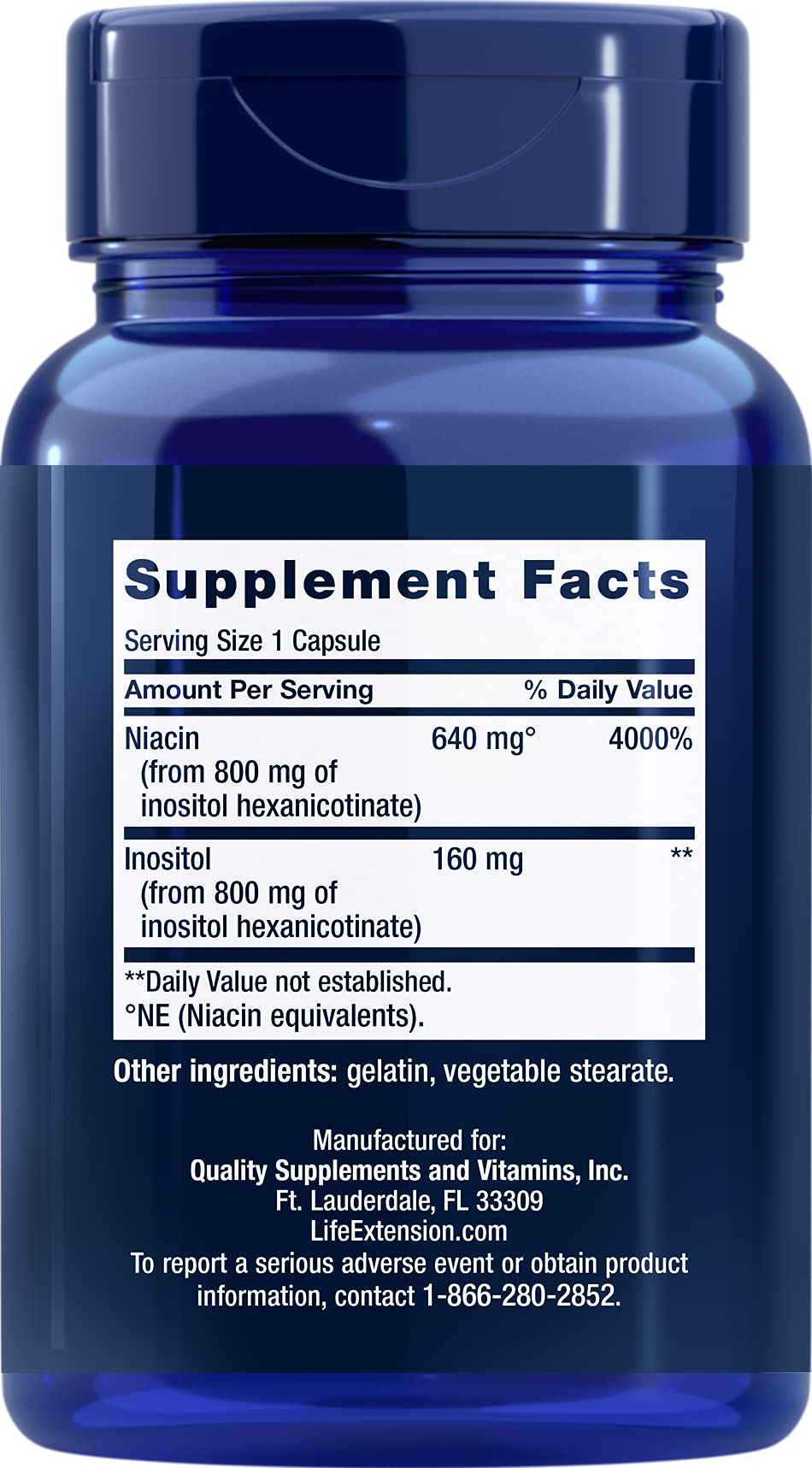 Life Extension No Flush Niacin 640 mg bottle side view