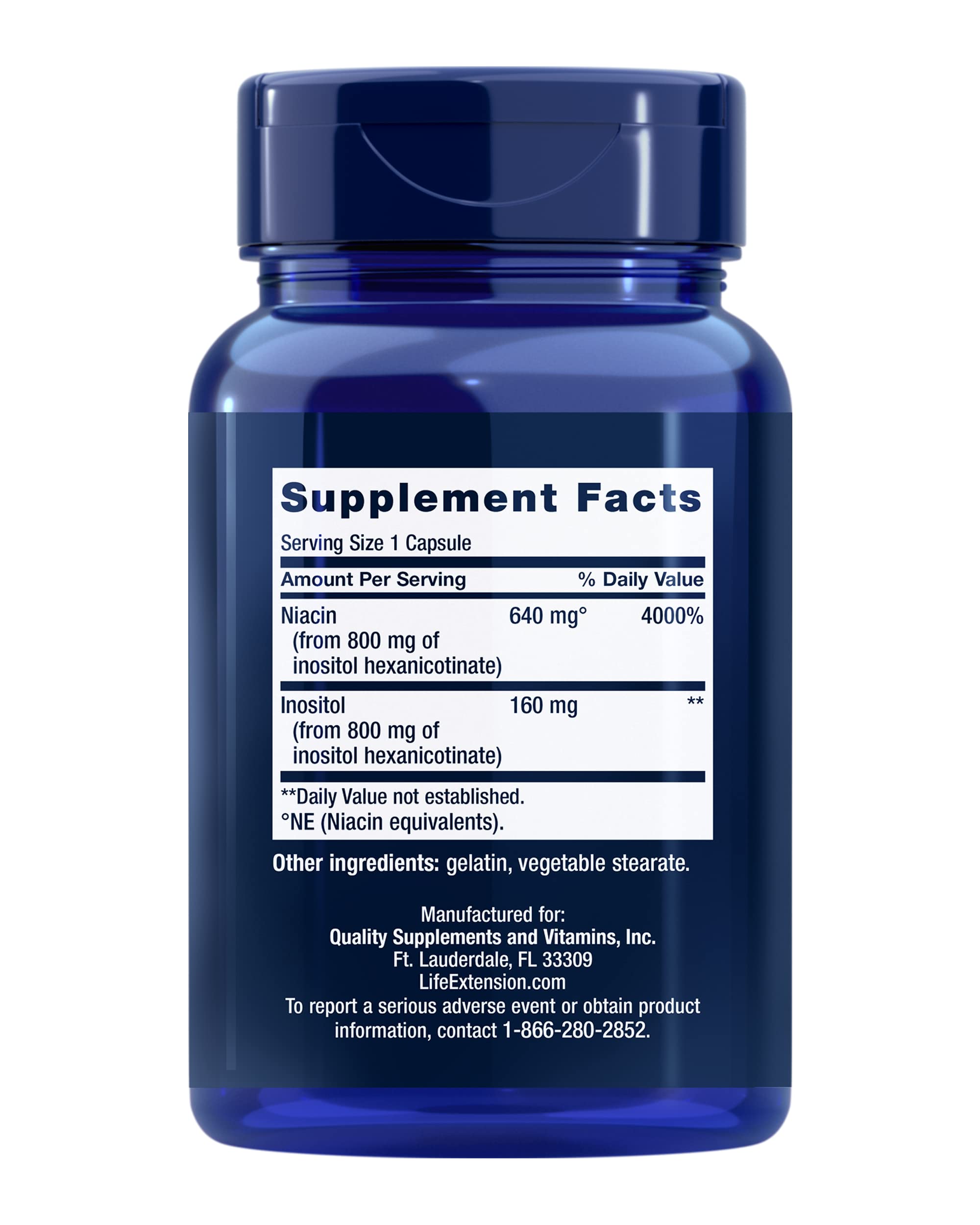 Life Extension No Flush Niacin 640mg 100 Capsules side view
