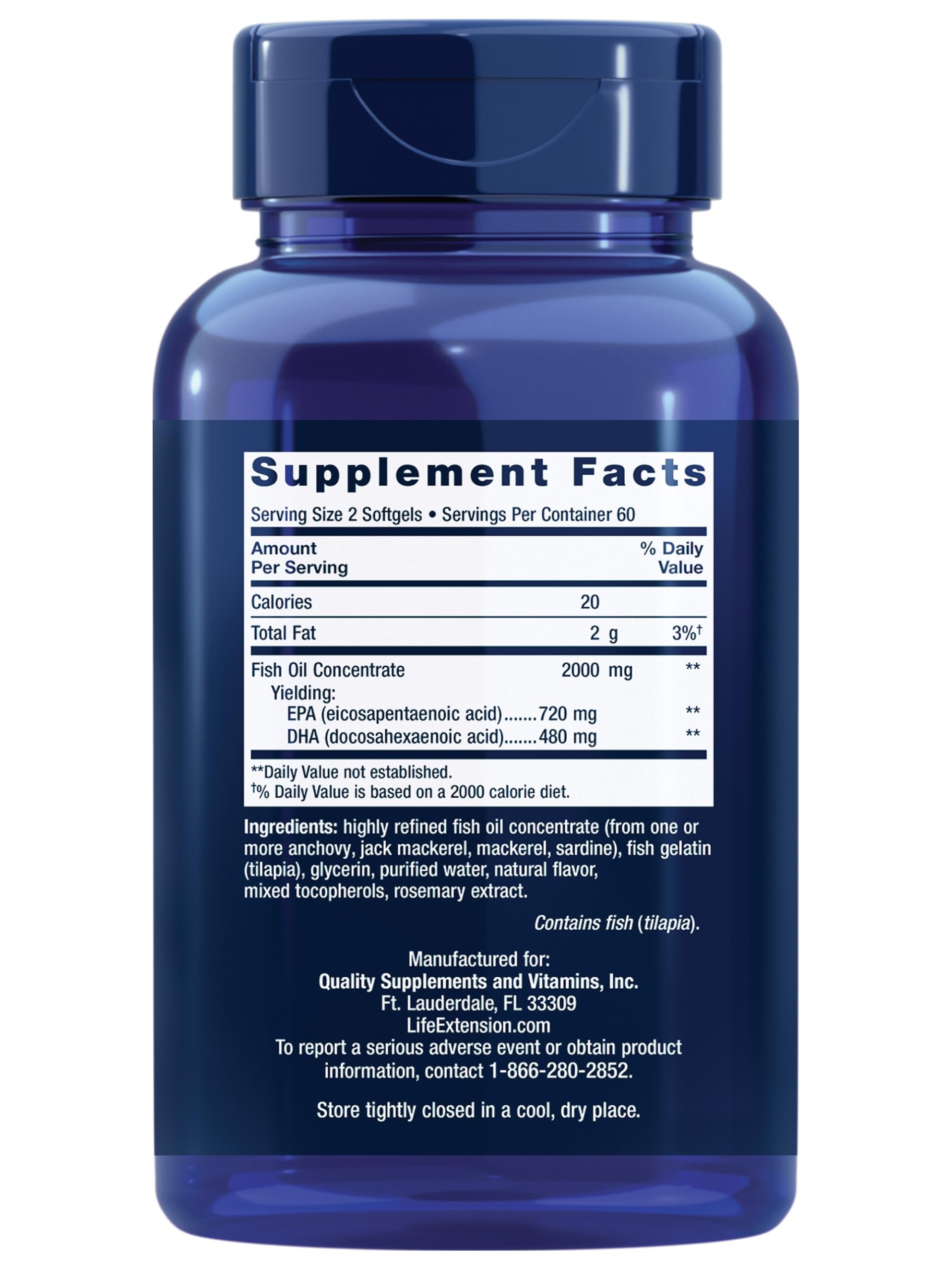 Life Extension Omega-3 Fish Oil 2000mg back view with ingredient list