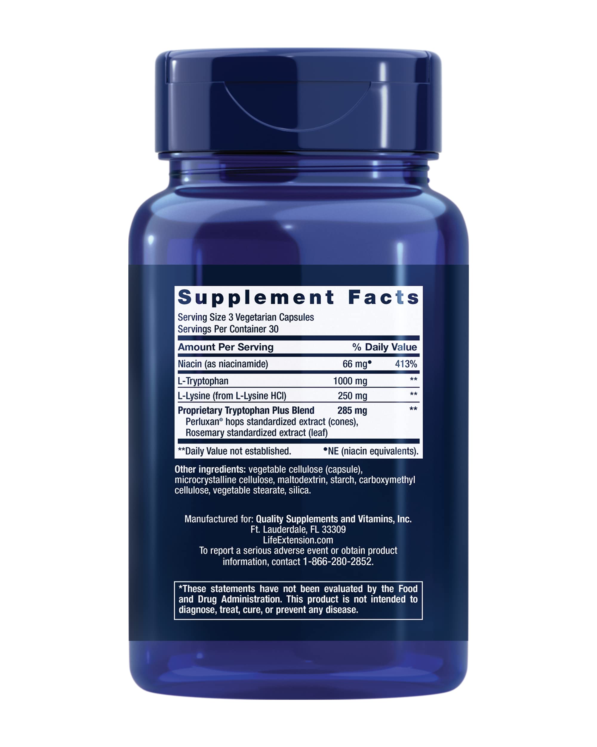 Life Extension Optimized Tryptophan Plus 1000mg Capsules side view