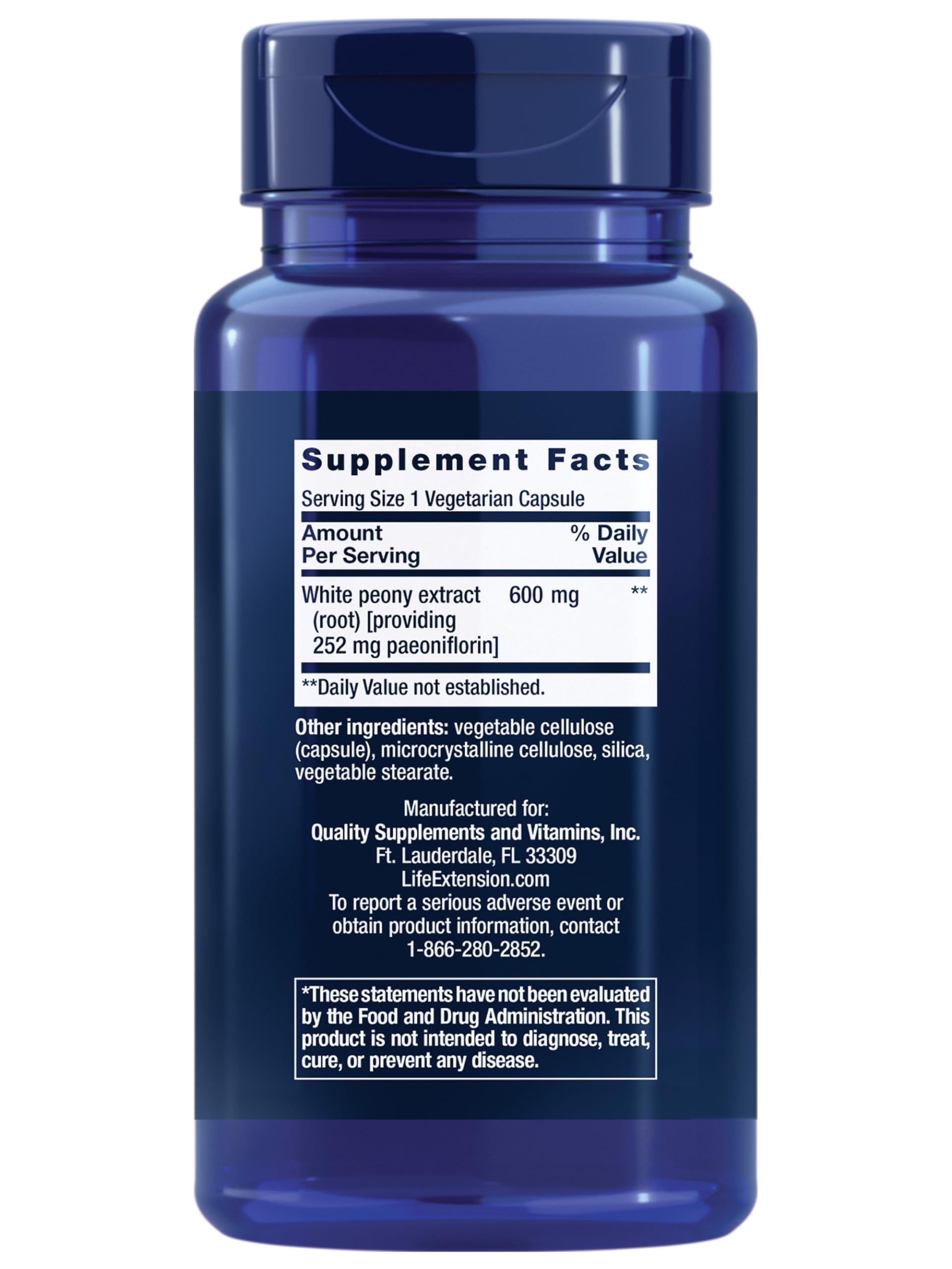 Life Extension Peony daily wellness 600mg 60 capsules side view