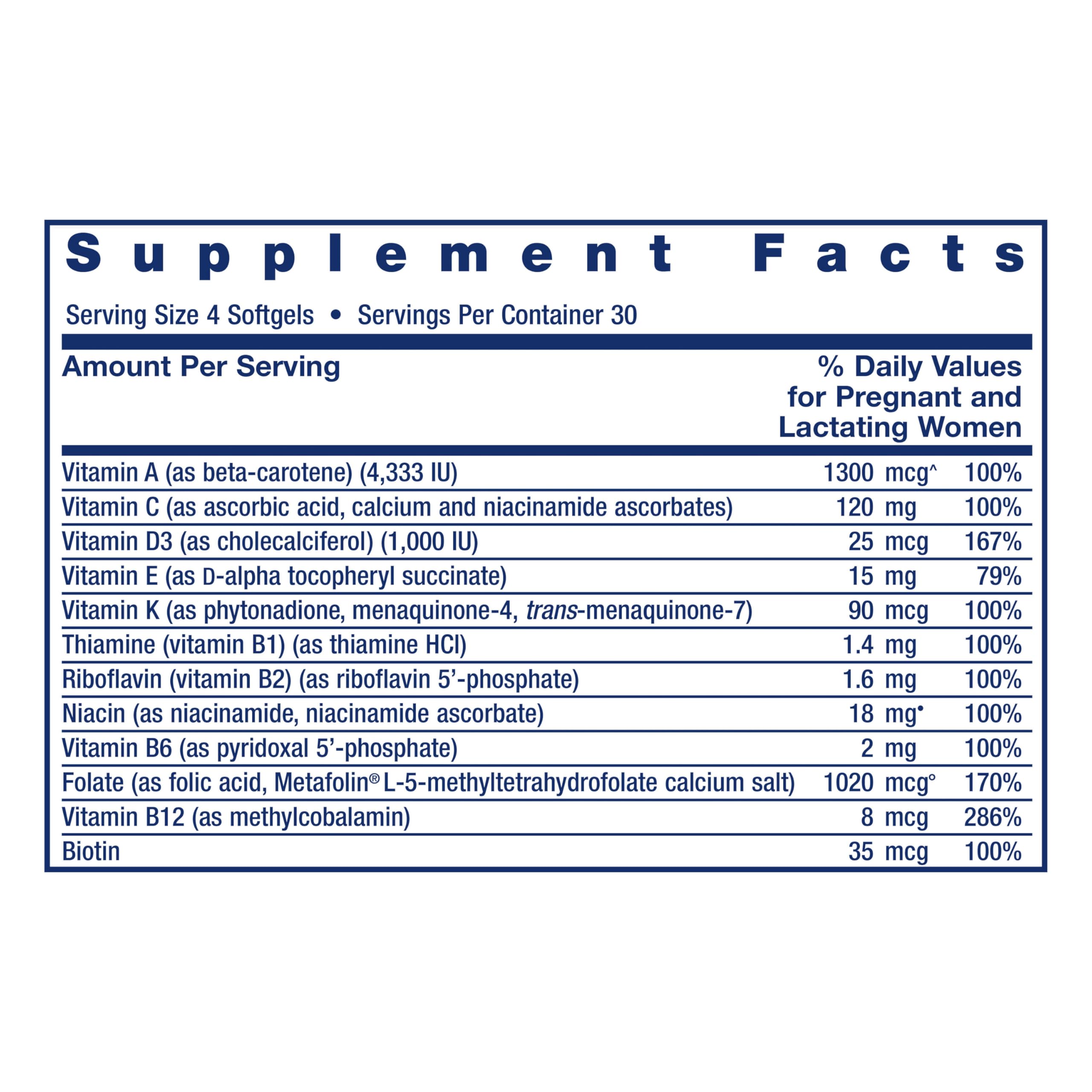 Life Extension Prenatal Advantage Multivitamin ingredients list