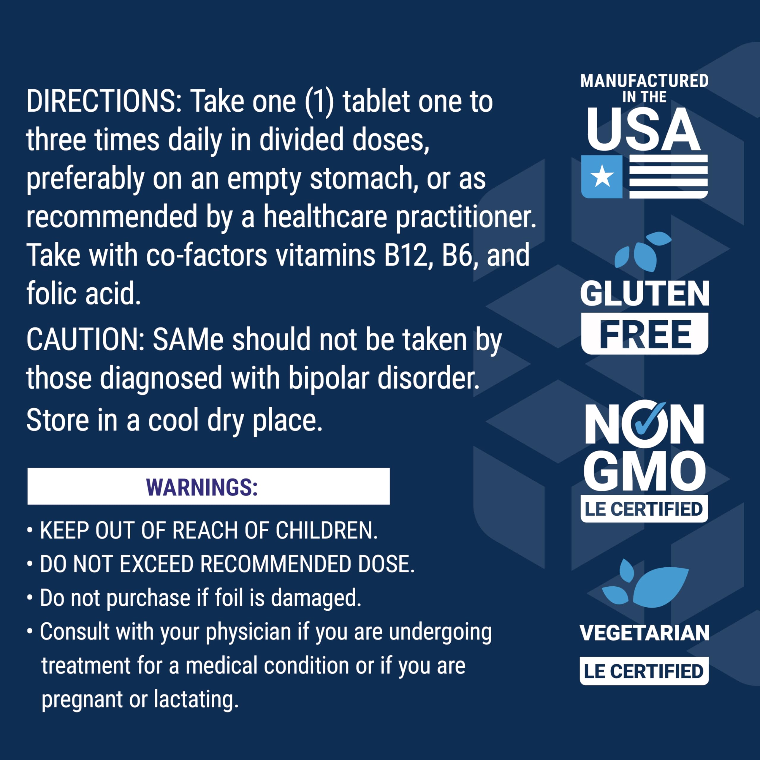 Life Extension SAMe 400mg supplement showing serving size