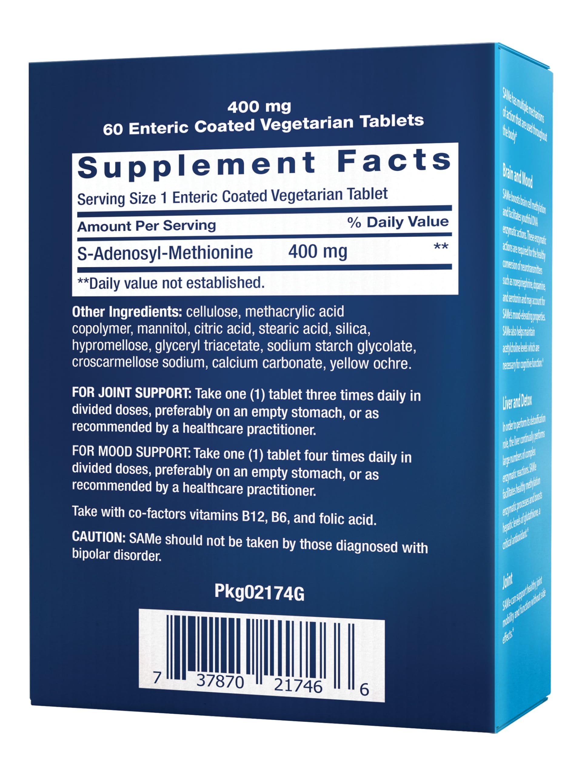 Life Extension SAMe 400mg supplement side view showing tablet details