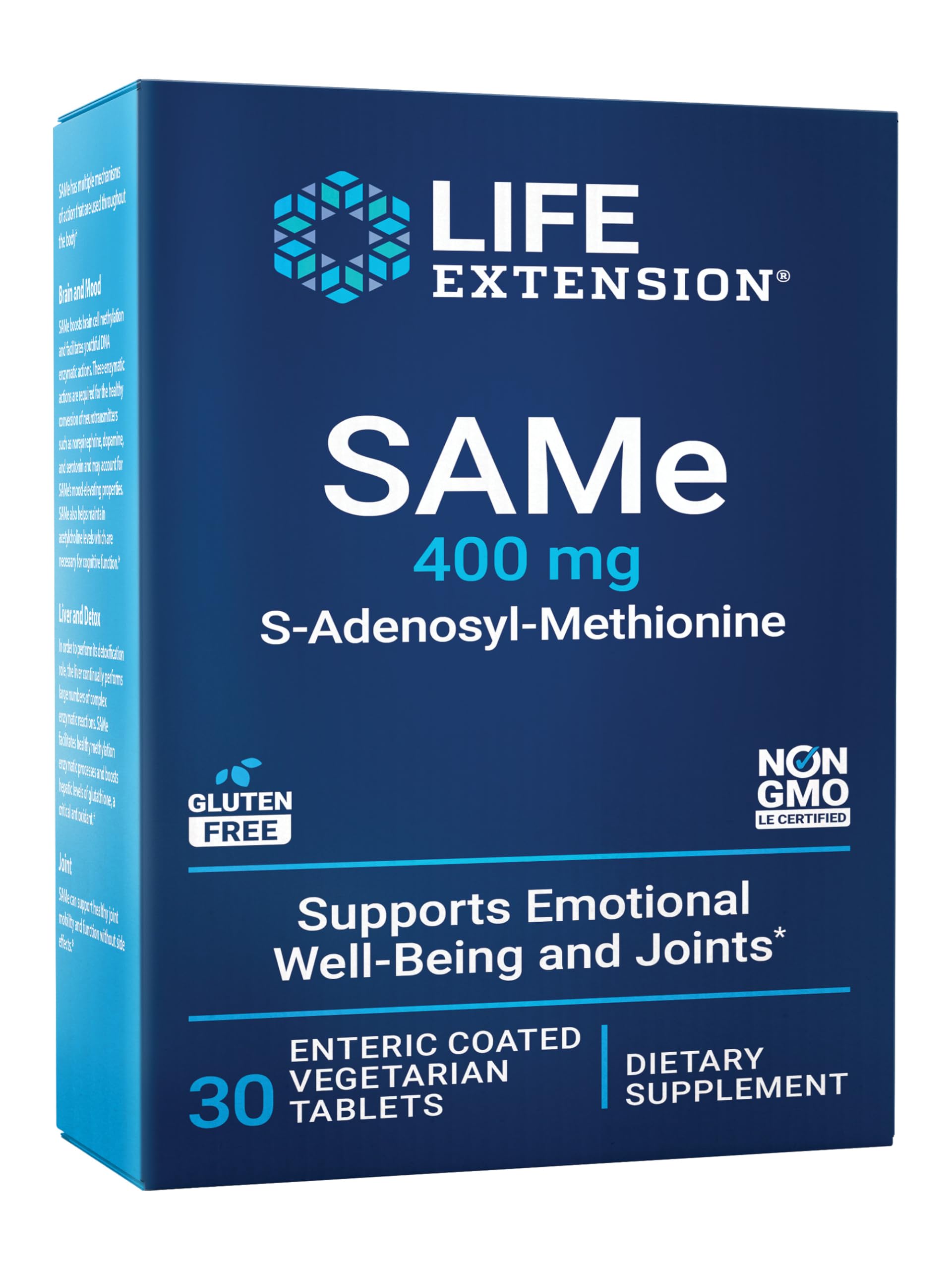 Life Extension SAMe 400mg tablets front view with packaging