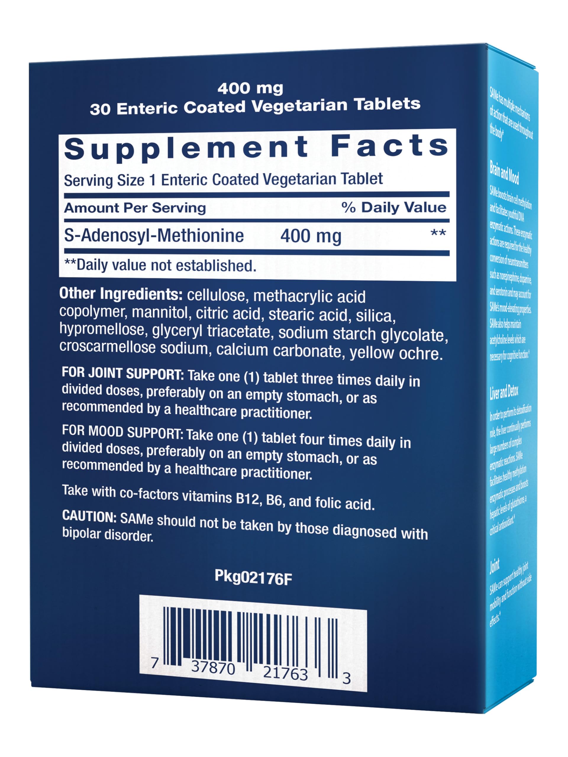 Life Extension SAMe 400mg tablets side view showing enteric coating