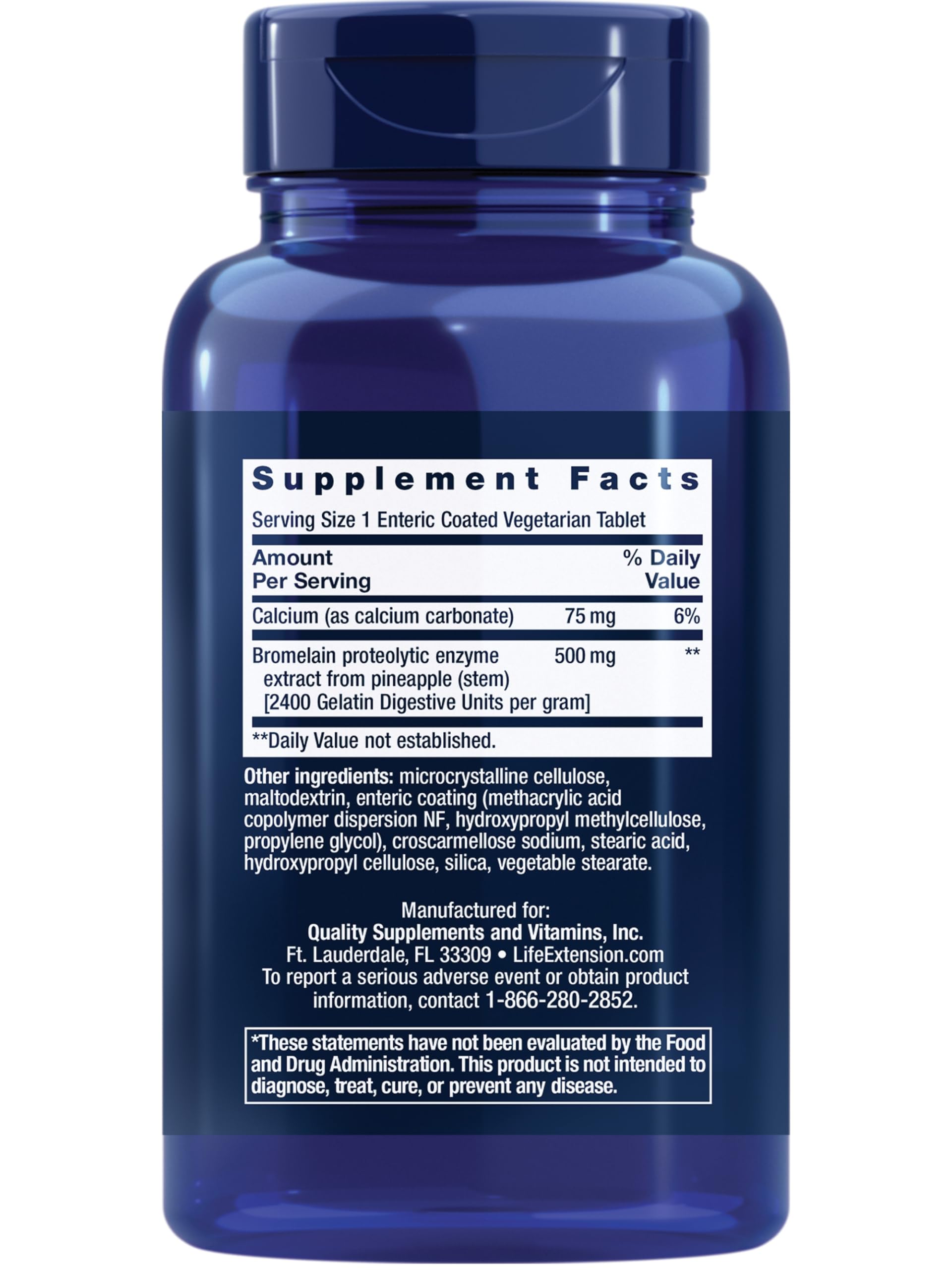 Life Extension Specially-Coated Bromelain 500mg side view of tablets