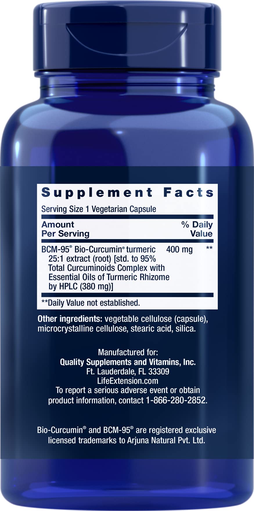Life Extension Super Bio Curcumin 400mg Capsules side view with label