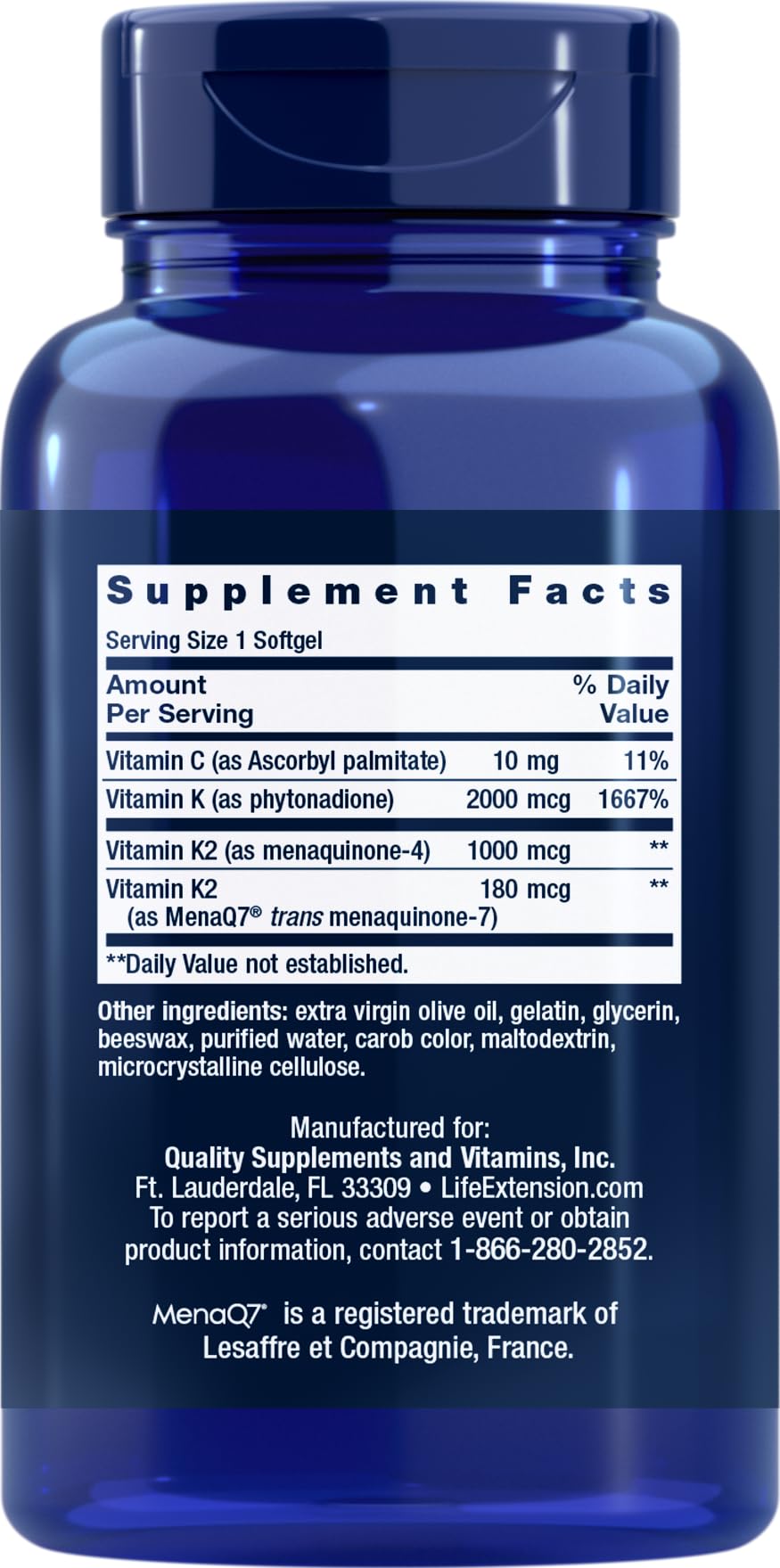 Life Extension Super K Vitamin K Supplement bottle side view