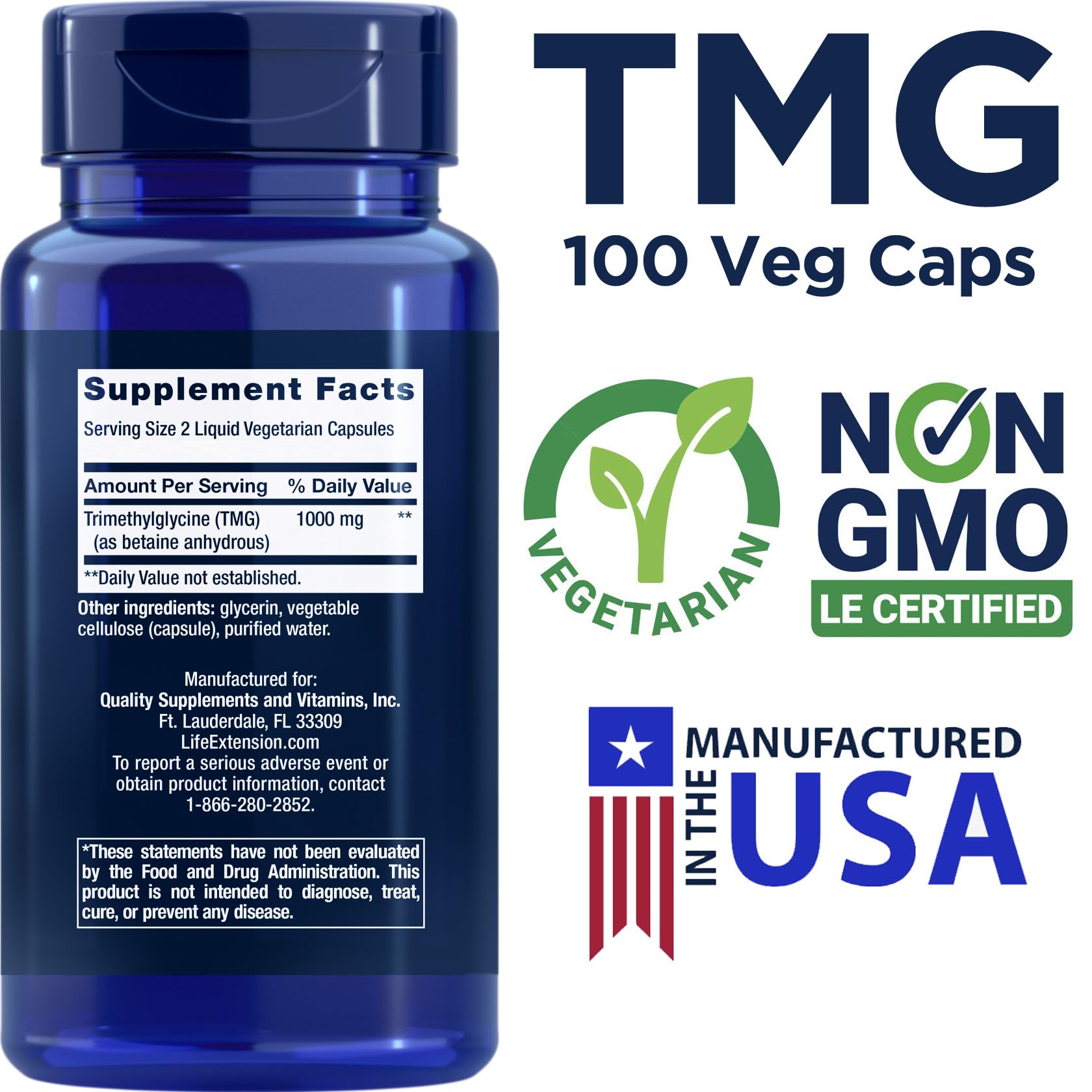 Life Extension TMG 1000mg supplement bottle side view