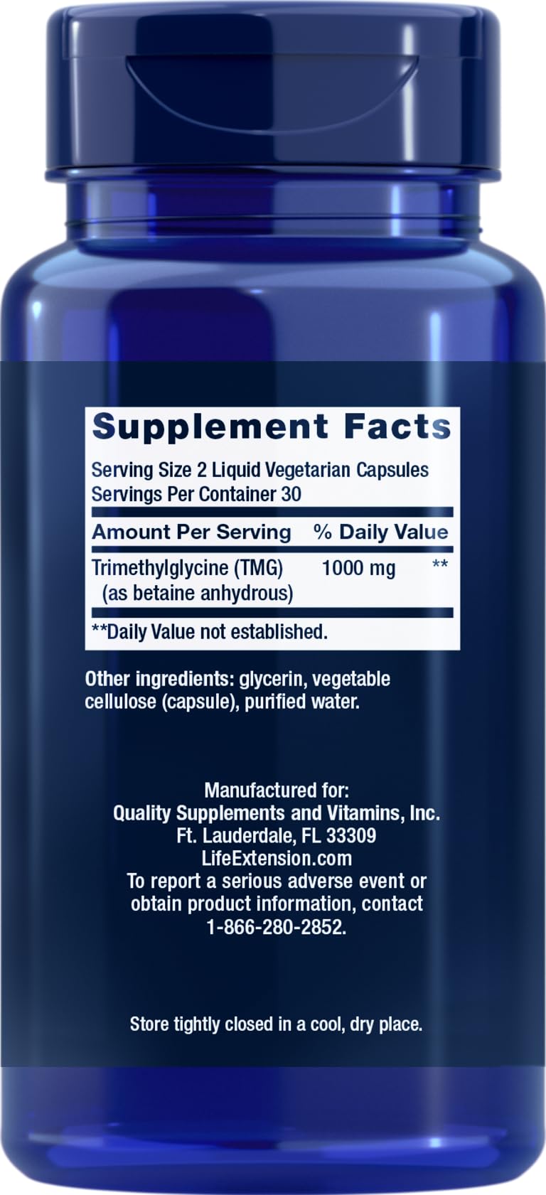 Life Extension TMG 500 mg Liquid Vegetarian Capsules side view
