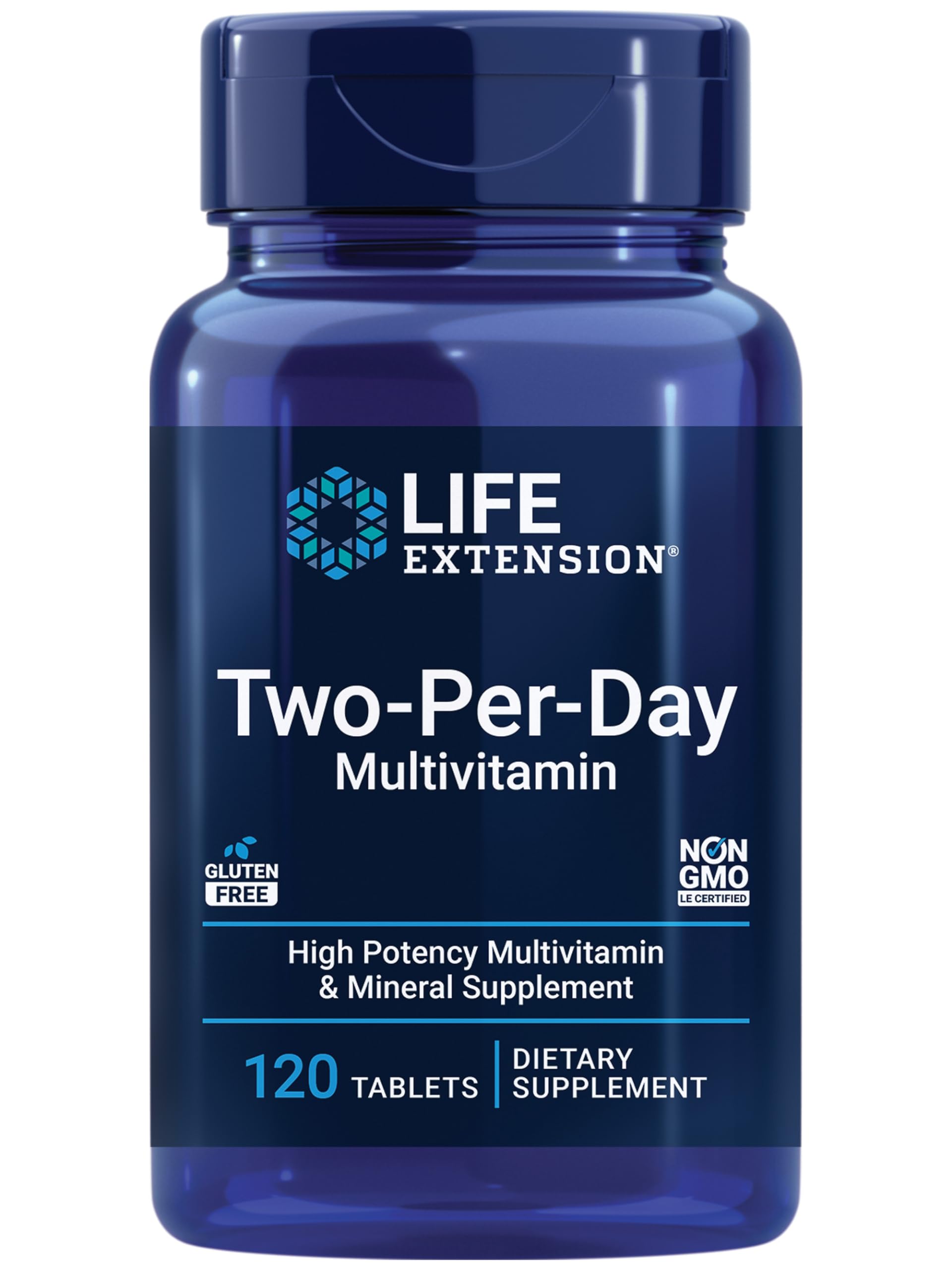 Life Extension Two-Per-Day Multivitamin front view with capsule bottle