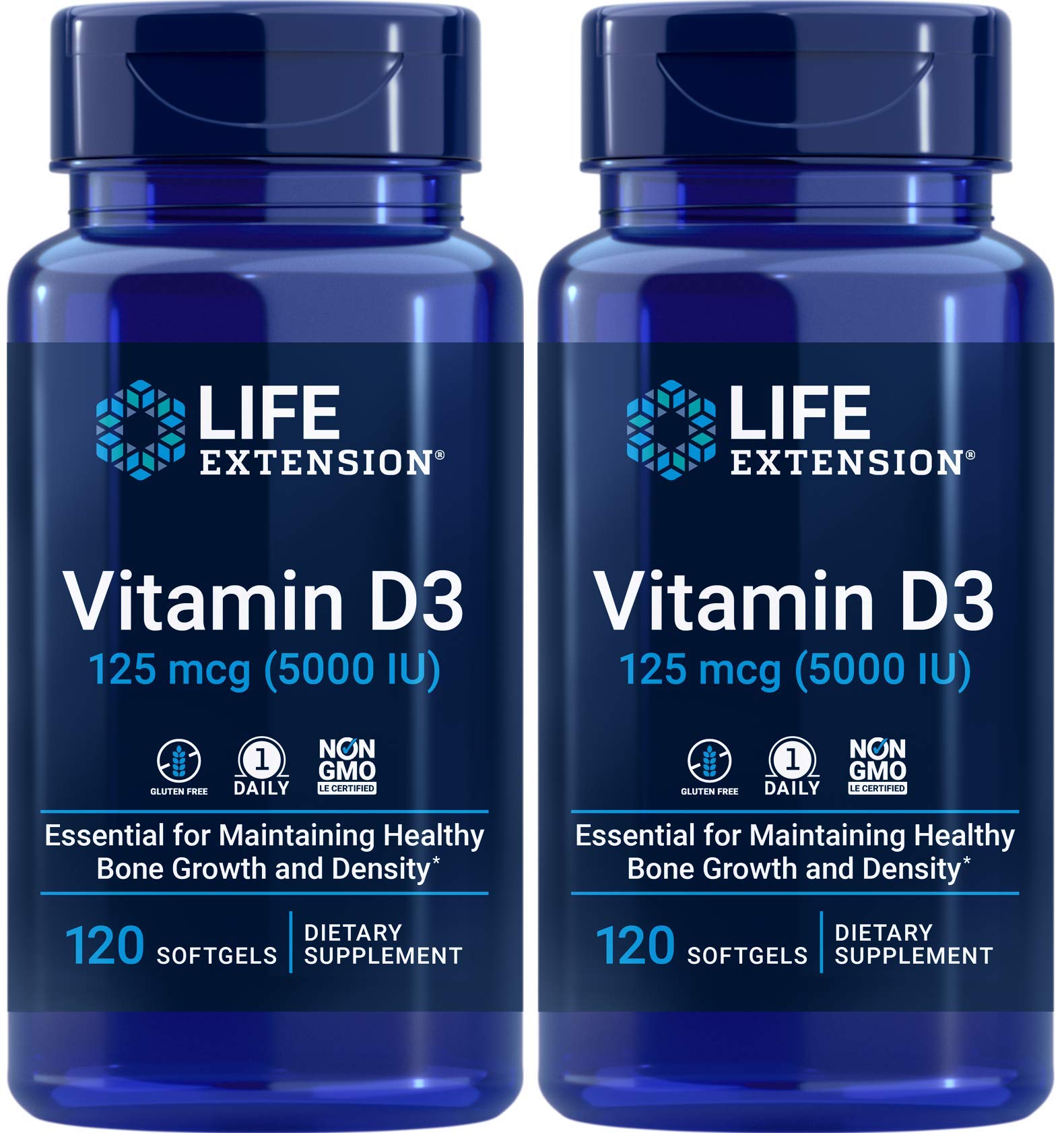 Life Extension Vitamin D3 125 mcg softgel bottle front view