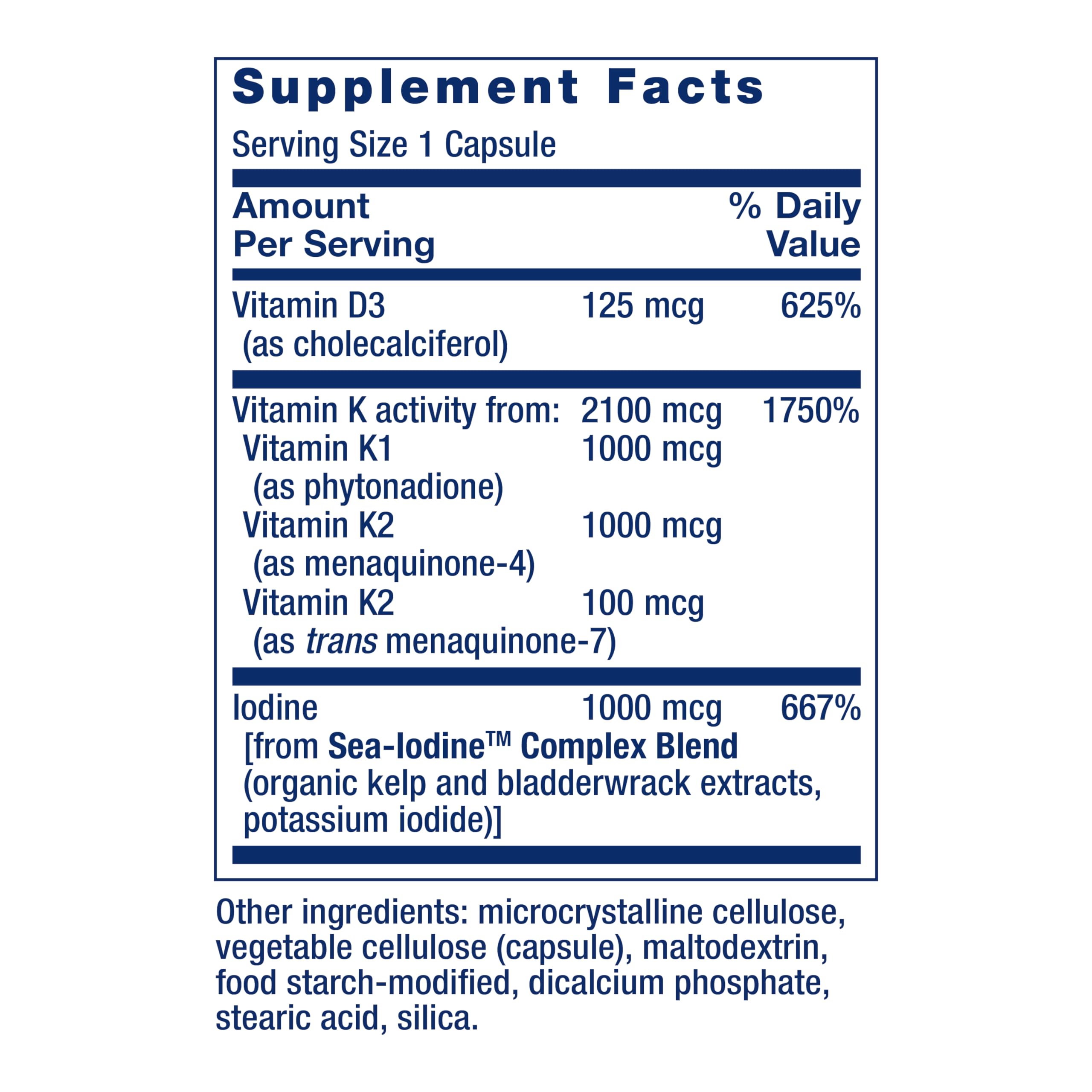 Life Extension Vitamin D3 & K2 with Iodine 125mcg back view