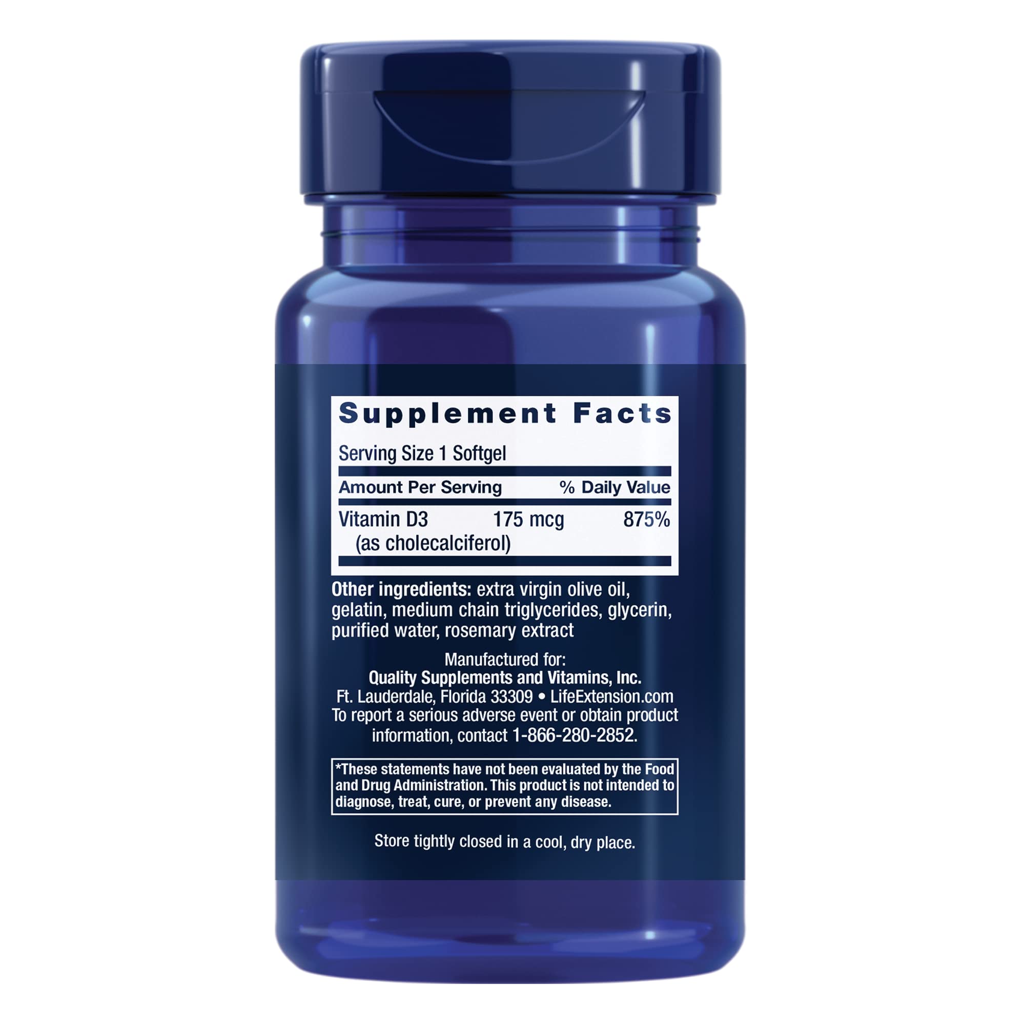 Life Extension Vitamin D3 Supplement 32g side view