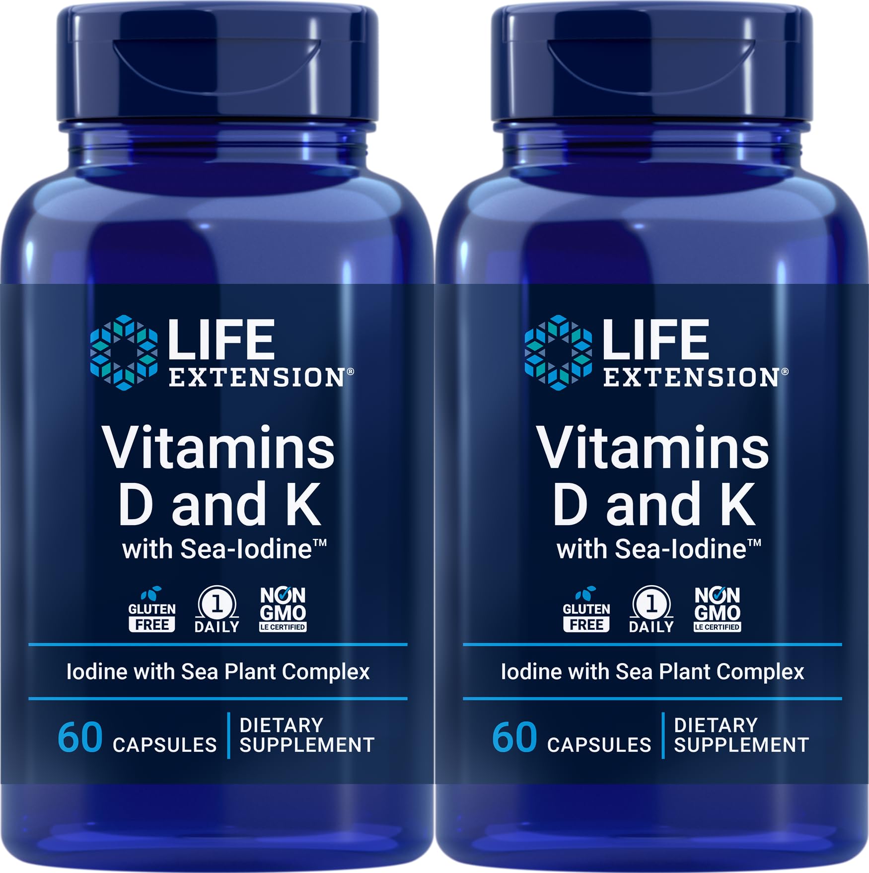 Life Extension Vitamins D and K with Sea-Iodine 60 Capsules front view